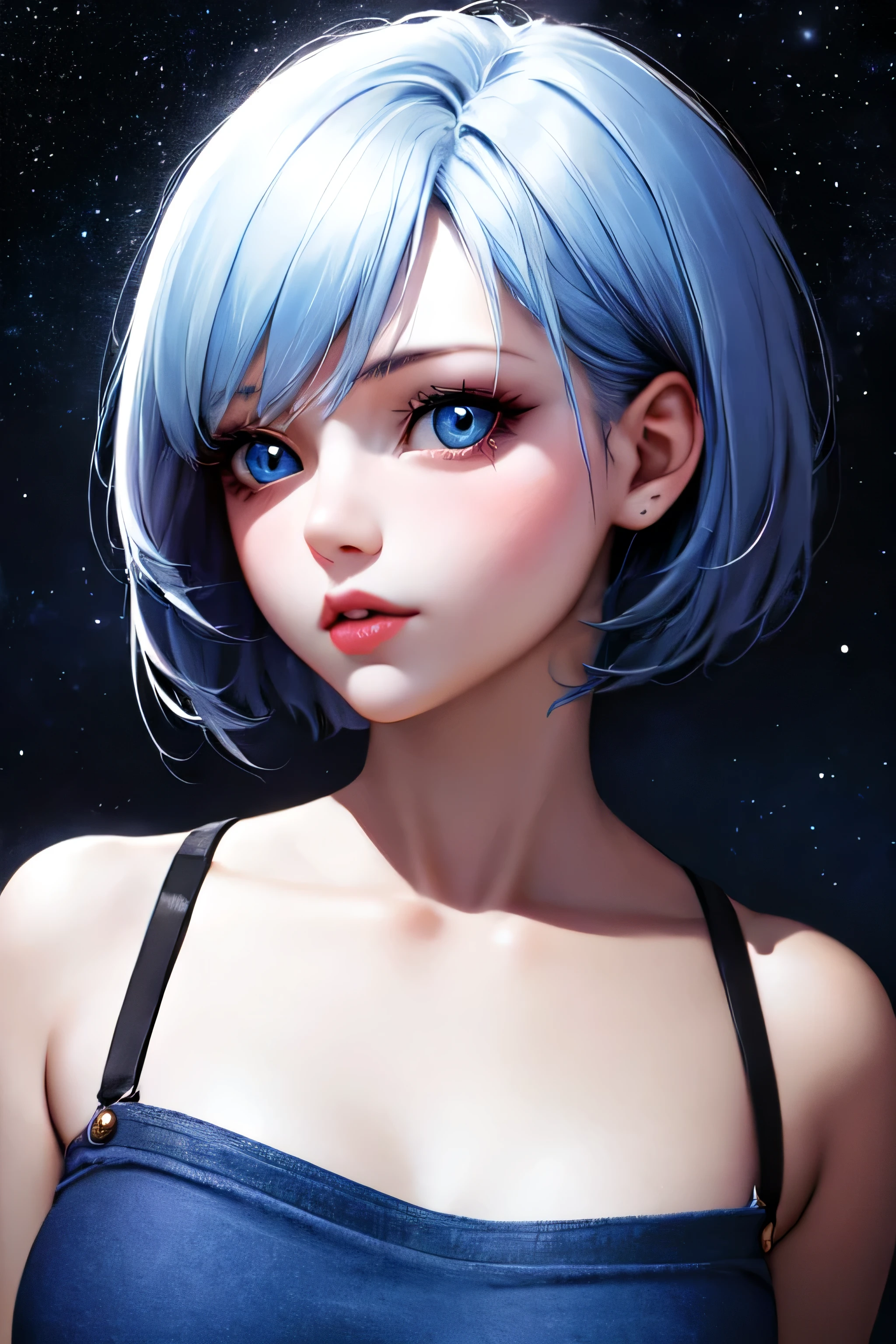 1girl, beautiful face, ((blue big eyes)), blue short hair ,sexy pose, Red moon in the background, stars, space, (lightroom:1.13), soft light, (natural skin texture:1.2), (hyperrealism:1.2), sharp focus, focused,[[realistic]]