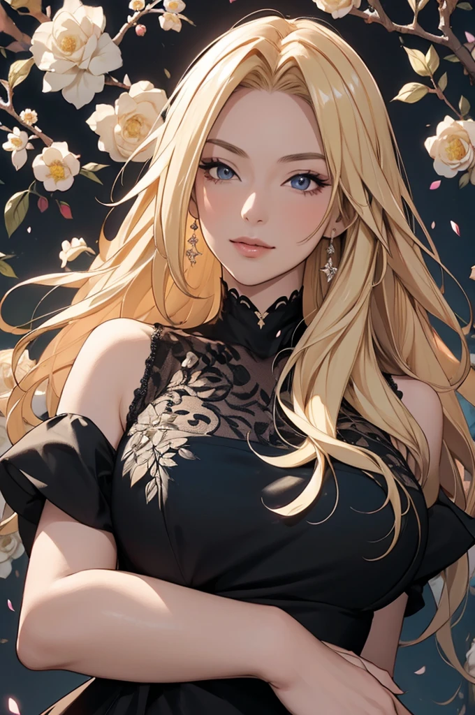 (masterpiece, best quality, ultra-detailed:1.3), 1girl, arms behind head, (smile:0.5) edgPetal, a woman wearing a black dress made of flower petals, wearing edgPetal, garden background, dimly lit BREAK (long blonde hair), mid parted hair  