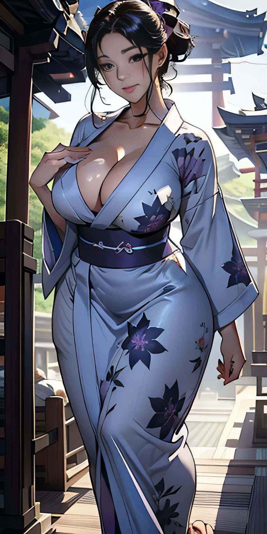 realistically、Full body contact looking up from below the ground、rear view、My thighs are also getting a little thicker、25 year old girl with accentuated thighs、Wearing a purple yukata、Breast augmentation and emphasis on cleavage、Versatile sensual poses、smile face、Japanese hot spring town Inakamachi、Emphasis on shading the chest contour