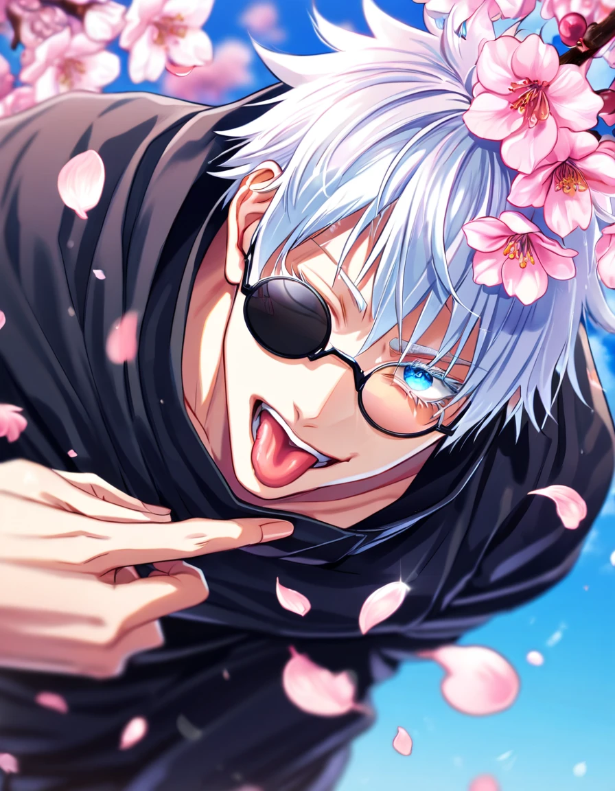 absurdres, highres, ultra detailed, HDR, master piece, best quality, Gojou Satoru, white hair, expressive blue eyes, white eyelashes, left eye closed, Jujutsu Kaisen, black round sunglasses, solo, sexy man, handsome, horny, lewd, winking, sticking out his tongue, black uniform, cherry blossoms, pink flowers, blue sky, fantasy, pink petals, pink feathers