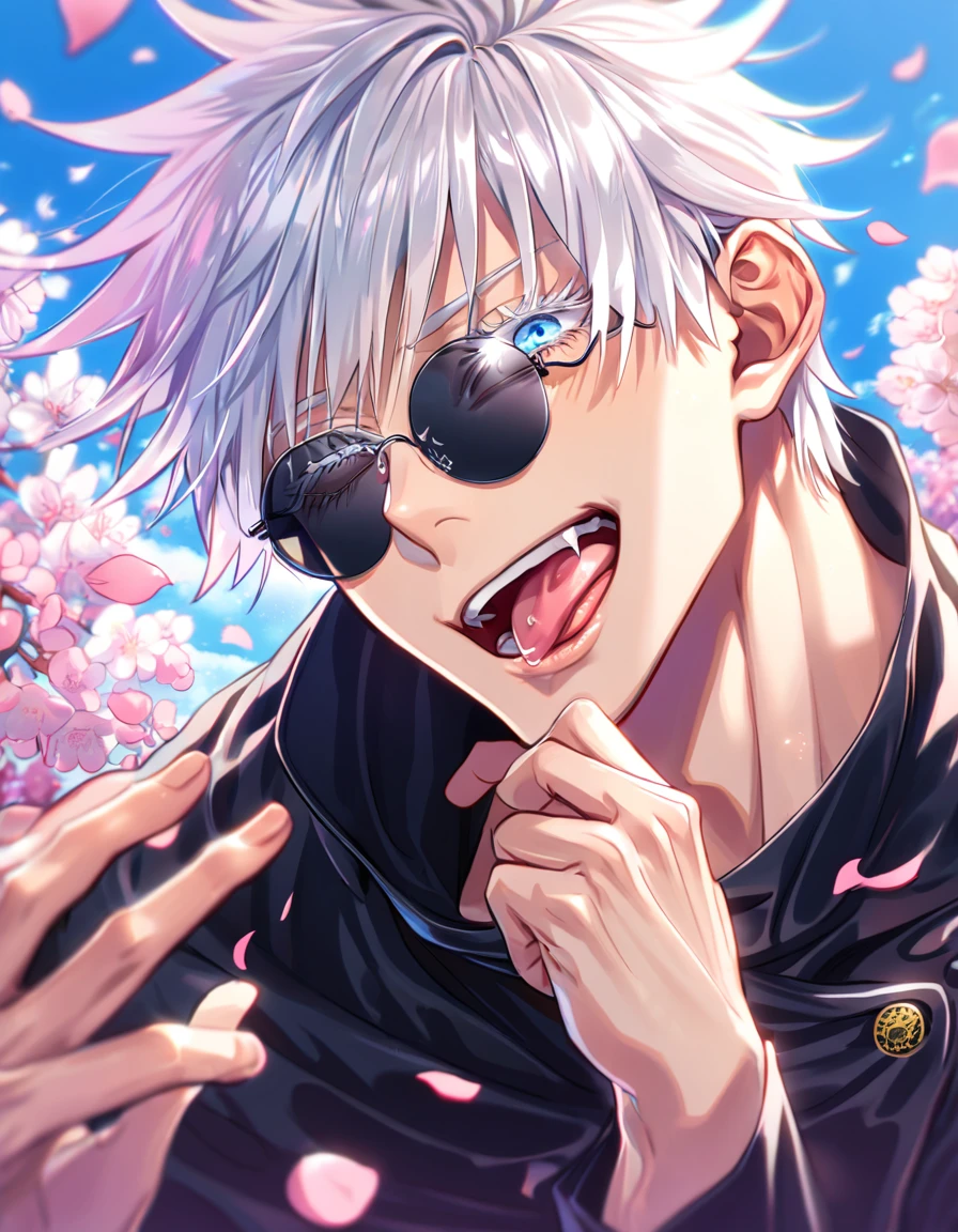 absurdres, highres, ultra detailed, HDR, master piece, best quality, Gojou Satoru, white hair, expressive blue eyes, white eyelashes, left eye closed, Jujutsu Kaisen, black round sunglasses, solo, sexy man, handsome, horny, lewd, winking, sticking out his tongue, black uniform, cherry blossoms, pink flowers, blue sky, fantasy, pink petals, pink feathers