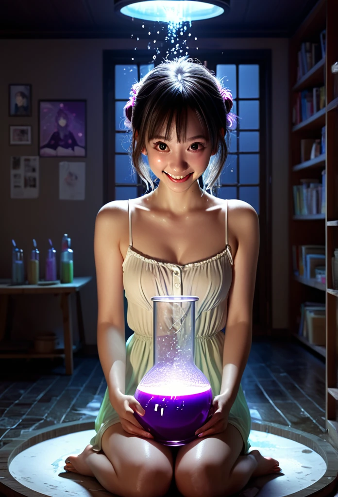 Masterpiece, high resolution, starcraft style beautiful girl, being in a dirty beaker, immersed in liquid, homunculus, magic circle, small room with phosphorescent flash, perfect beautiful topless girl with flat chest, no clothes, luminous from within, staring at the viewer, laughter, 3d rendering, perspective, amazing anime illustration, impressive lighting, fantastic, dangerous, monstrous