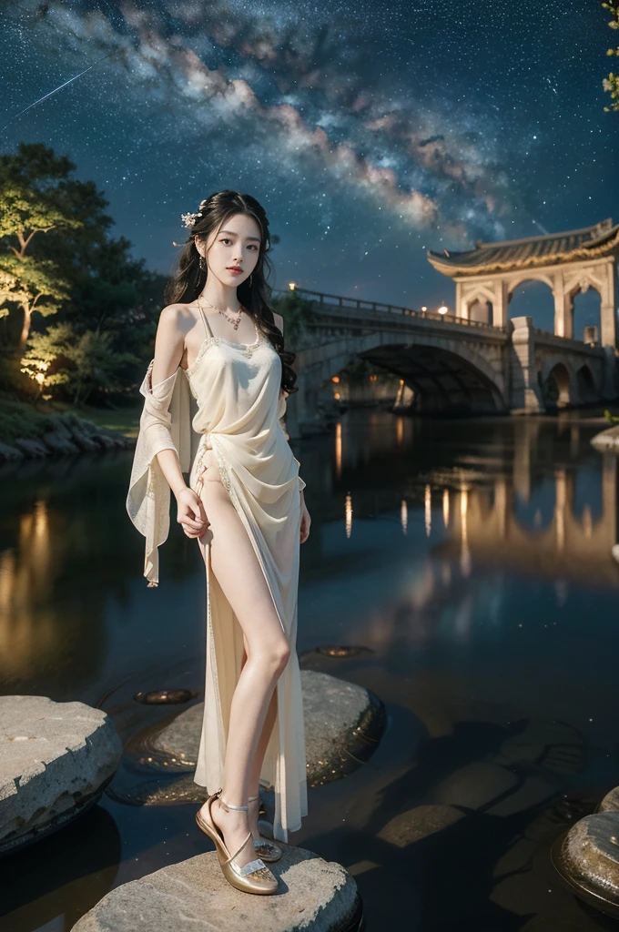 (((best quality))),(((ultra detailed))),(((masterpiece))),illustration,((1 beautiful girl,solo)),(shoulder length straight hair:1.2),((earrings,necklace)),((slim,thin)),((small breasts,flat chest)),(gorgeous sheer red Hanfu:1.5),(slender legs:1.2),(loafers:1.2),(standing:1.3),(arms behind back:1.5),(on the stone arch bridge:1.3),((starry sky,the Milky Way,horizon)),elegance, grace, sophisticated updo, delicate hairpins, twinkling stars, radiant smile, bright eyes, wonder, beauty of the night sky, intricate patterns, flowers, birds, vibrant colors, ethereal, enchanting, old bridge, weathered, sturdy, natural surroundings, serene, peaceful atmosphere, rippling water, stars, graceful silhouette, magic, tranquility, twinkling stars, mesmerizing canopy of light, cool air, crisp, faint scent of blooming flowers, contemplation, admiration, ancient China, timeless, rich culture, traditions, captivating, enchanting atmosphere, myth, legend,((from front,full body))