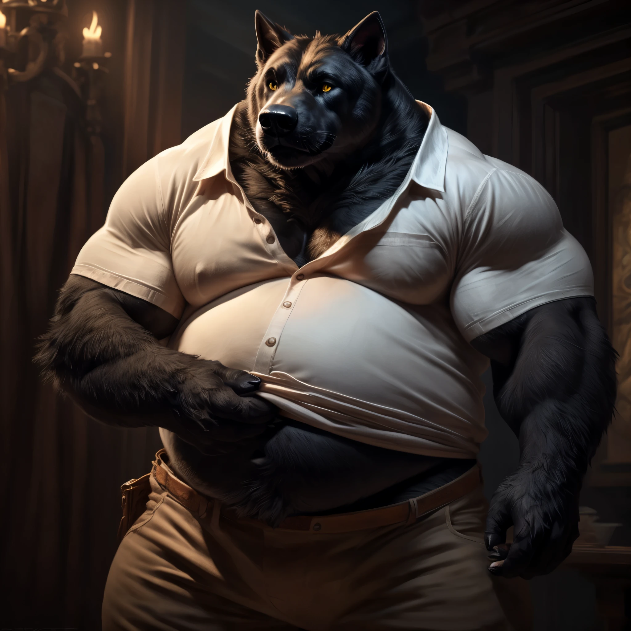 Wearing shirt, wearing pants, whole body

Anthro, male,canine,dog, pitbull:1.4, (black fur:1.8),( cut ears:1.0), chubby:1.2, big bloated belly, big body, wide body , thick furry neck and chest fluff, (middle-age), (musclegut:1.4, thick body:1.2), (yellow eyes:1.2),detailed black eyes,tail, detailed fluffy fur, ((intricate detail fluffy fur texture)), (by darkgem),(by OnePotatoATime),(by adios:1.2),(by taran fiddler),4k,masterpiece,full hd, BREAK