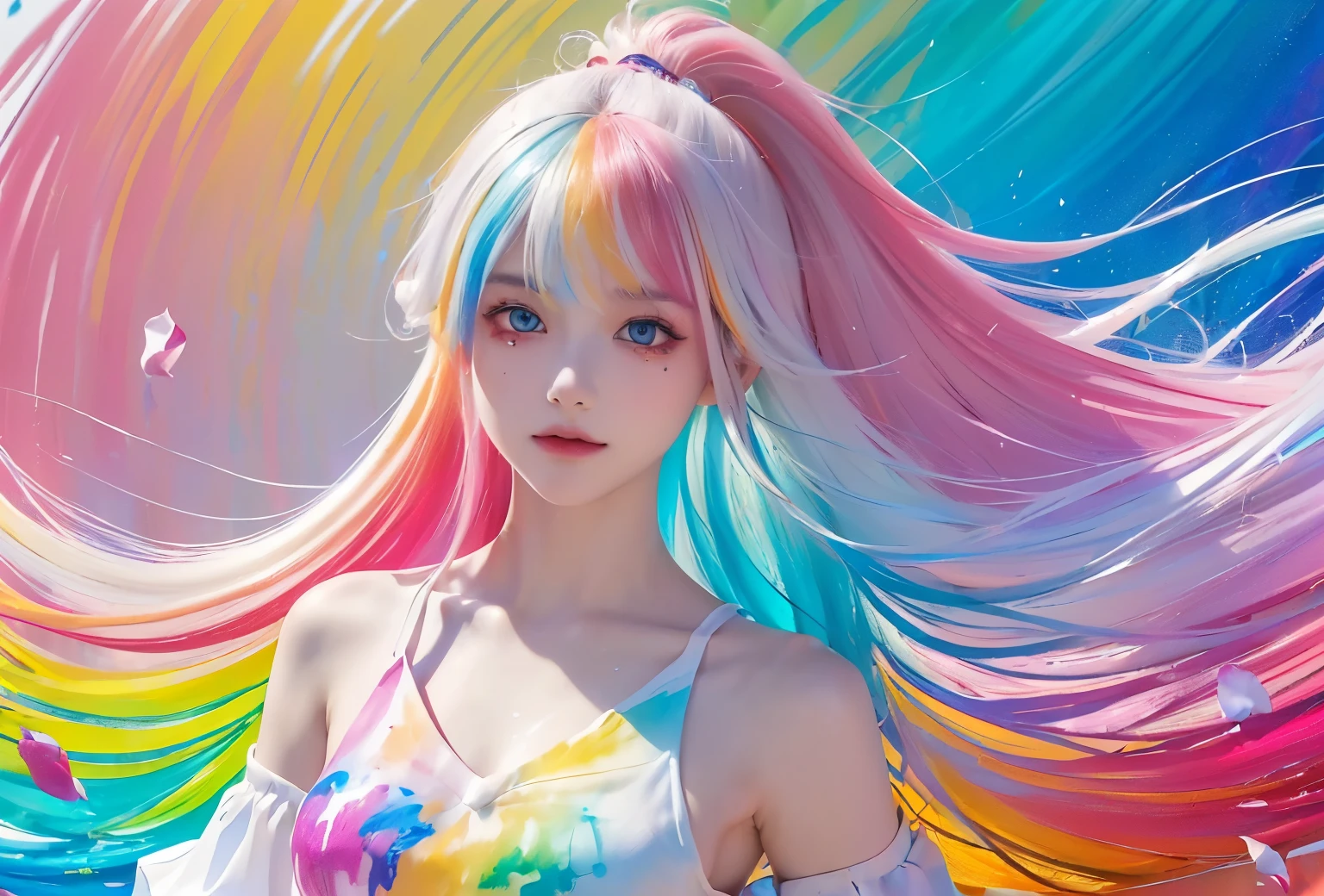 （Pink Fashion T-shirt：1.9），(Colorful hair: 1.8), (all the colours of the rainbow: 1.8),(((((vertical painting：1.6))), （painting：1.6），front, comics, illustrations, paintings, large eyes, crystal clear eyes,（ rainbow color gradient high ponytail：1.7）, exquisite makeup, open mouth,(Small Fresh: 1.5),(Wipe Chest: 1.6) ，long eyelashes, white off shoulder T-shirt,  White Shoulder Shirt，looking at the audience, large watery eyes, (rainbow colored hair：1.6), color splash, （solo：1.8）, color splash, color explosion, thick paint style, messy lines, ((shining))，(colorful), (colorful), (colorful), colorful, Thick Paint Style, (Splash) (Color Splash), Vertical Painting, Upper Body, Paint Splash, Acrylic Pigment, Gradient, Paint, Highest Image Quality, Highest Quality, Masterpiece, Solo, Depth of Field, Face Paint,  colorful clothes, (Elegant: 1.2), gorgeous,long hair, wind, (Elegant: 1.3), (Petals: 1.4)，(((masterpiece))),(((best quality))),((ultra-detailed)),(illustration),(dynamic angle),((floating)),(paint),((disheveled hair)),(solo),(1girl) , (((detailed anima face))),((beautiful detailed face)),collar,bare shoulders,white hair, ((colorful hair)),((streaked hair)),beautiful detailed eyes,(Gradient color eyes),(((colorful eyes))),(((colorful background))),(((high saturation))),(((surrounded by colorful splashes))),ストリートスナップ