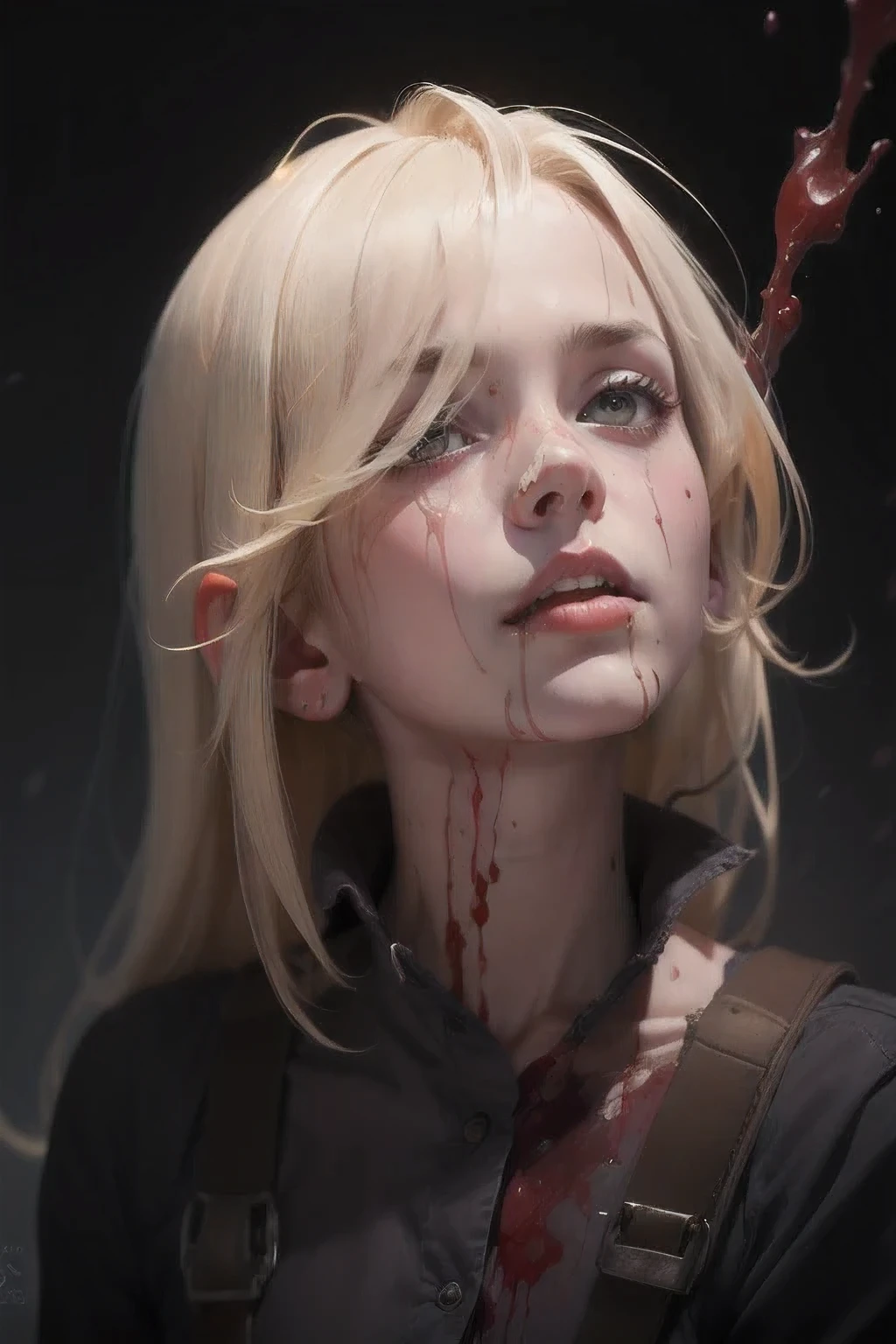 One, blonde girl, wounded eye,  bloody eye, missing eye, one eyed, brown eye, scared face, horror, despair, wound, blood on the face, looking up, masterpiece, Best quality, dark background, night