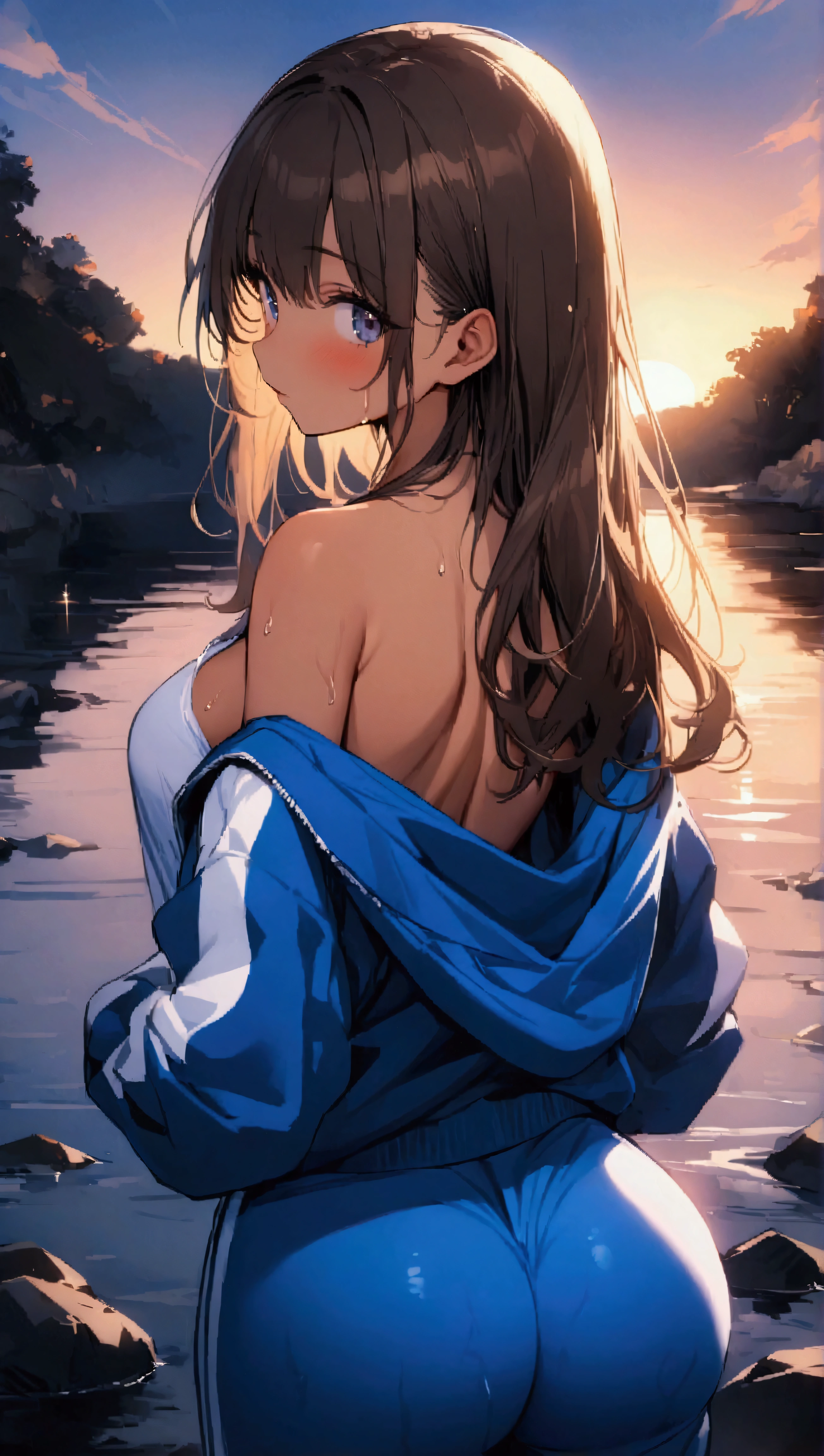 masterpiece, Highest quality, Ultra-high resolution, (beautiful girl: 1.3), Brown Hair, Straight hair、Looks like a 15 year old、 (Blue sweatpants: 1.2), (The jacket is a blue track jacket.: 1.2), back view、Big round shapely ass、A waterway with a dazzling sunset、A little wet、Focus on the big, beautifully shaped butt,baggy clothes,blonde hair , (tanned skin:1.5), 