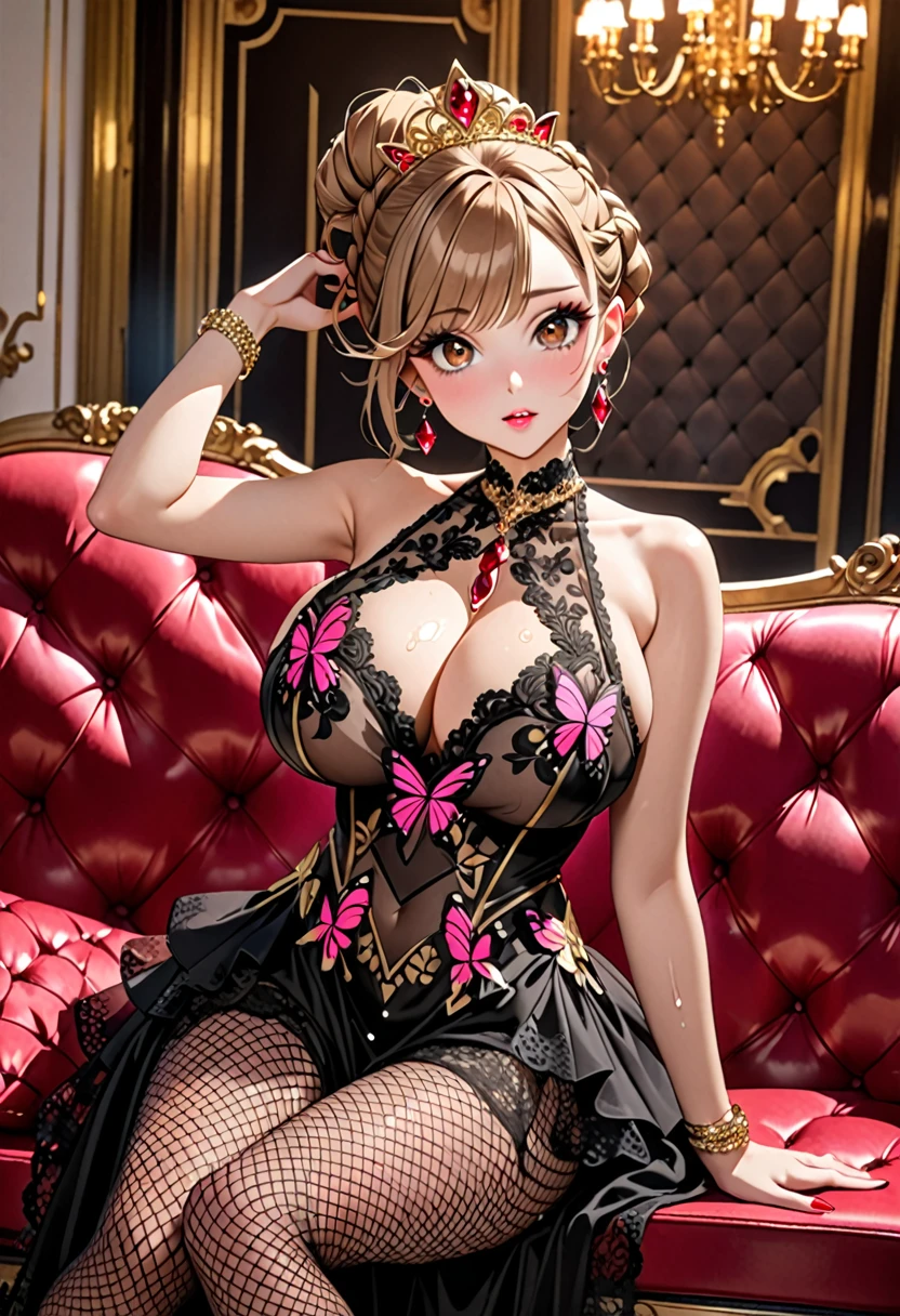 (((Highest quality, Ultra-high resolution、The most complex and detailed depiction)))、((masterpiece:1.3)), (8k, RAW Photos, Best image quality: 1.4), Very detailedな顔、Attention to detail、(Realistic:1.4) 、 (photo-Realistic:1.2), Very detailed, Beautiful attention to detail, (girl:1.4)、((Embarrassing，Trance、(blush)、濃いeyeliner、(Eyelash length、False eyelashes)、double eyelid、((Brown eyes))、Light fluorescent lip gloss,((Pink leotard、Butterfly pattern))、(big diamond ring、Gorgeous ruby necklace、Large gold earrings)、((Gold bracelet with red gemstones、A gorgeous gold tiara studded with jewels))、(((Sheer black lace dress、Mesh fabric、Fishnet tights))),((Black opera gloves))、(black tights)、(Red High Heels:1.4),(Huge breasts:1.6),、(Cleavage:1.2)、(((Light brown hair、Braided hair:1.2)))、((Tie your hair up，Put your hair up:1.5))、Gal-style makeup、eyeliner、黒のeyeliner、eye make up、(Eyelash length、False eyelashes)、Eyelash length、Spread your legsこちらに向ける、(Big eyes、Large pupils)、(((whole body)))、Spread your legs座る、Spread your legs、((Glamorous Body))、(Saggy breasts、Large saggy breasts)、((Sweat、Your body is wet))、(((Sit with your legs spread apart on a luxurious sofa)),(Hold your knees with your hands)、Extended toeoist eyes、face with gills