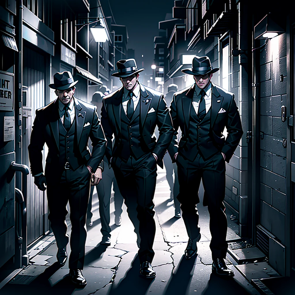 a group of gangsters posing, crime scene, dark alley, chiaroscuro lighting, cigarette smoke, cinematic atmosphere, high contrast, dramatic shadows, vintage aesthetic, gritty urban environment, sharp suits, fedoras, tommy guns, intense facial expressions, organized crime, film noir style, moody colors, rich textures, masterpiece, ultra-detailed, hyper-realistic, 8k, photorealistic