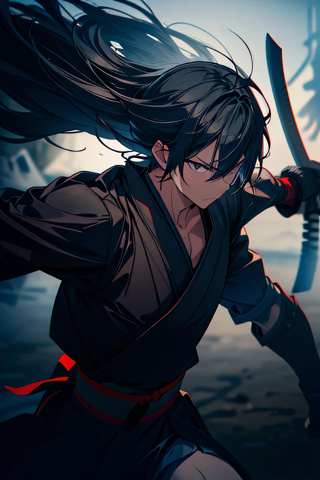 "A shadow of silhouette of a samurai warrior wielding a katana sword, captured in mid-swing. The scene is set against a foggy, monochromatic background, giving it a mysterious and dramatic atmosphere. The samurai wears traditional armor and a hat, with his cape flowing in the wind. The motion of the sword is highlighted with a subtle motion blur effect, creating a sense of dynamic movement. The overall tone of the image is dark and moody, emphasizing the lone, formidable presence of the samurai."