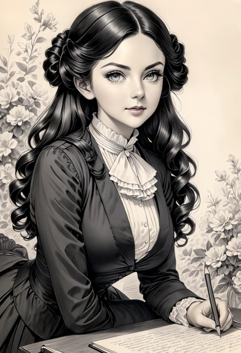 A pencil drawing of a young victorian governess, curly black hair. Kind and inteligent energy.