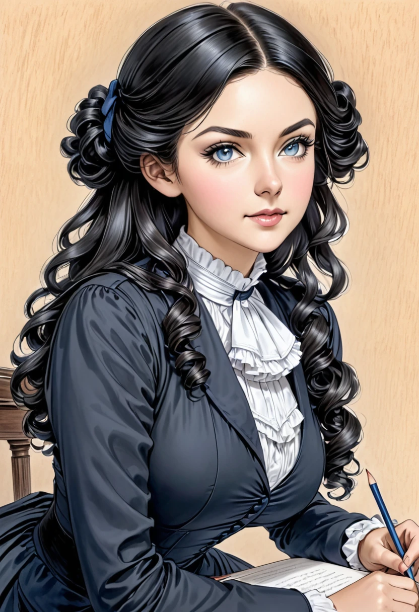 A pencil drawing of a young victorian governess, curly black hair. Kind and inteligent energy.