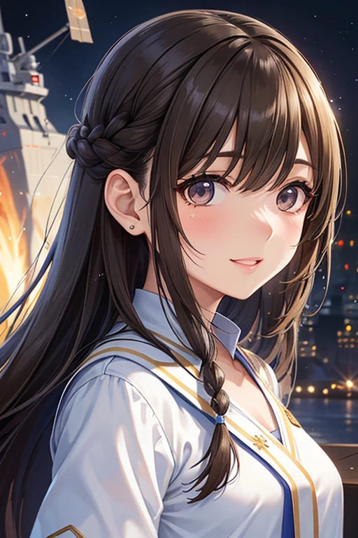 anegasaki nene、Shiny brown hair,  (Beautiful brown eyes、Sparkling eyes, Fine grain)、smile、Ultra-detailed eyes、Highly detailed face, Highly detailed eyes,


Highest quality、masterpiece、High sensitivity、High resolution、Detailed Description、Cowboy Shot、
Beautifully detailed woman with small delicate features, Long hair braided,  White coat uniform, 
, Future warships and aircraft carriers, Surrounded by sci-fi fighter jets and spaceships, In the Dark, Grainy, Cinematic Style.