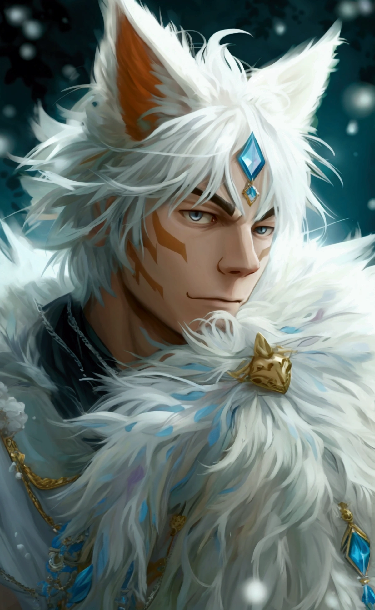 male，Snow-white and soft fur，Pupils are light blue and light purple，Handsome，Light blue diamond pattern on forehead，Slender body，The whole exudes nobility，The orc whose body emits a fragrant scent，Fu Rui，masterpiece，best quality