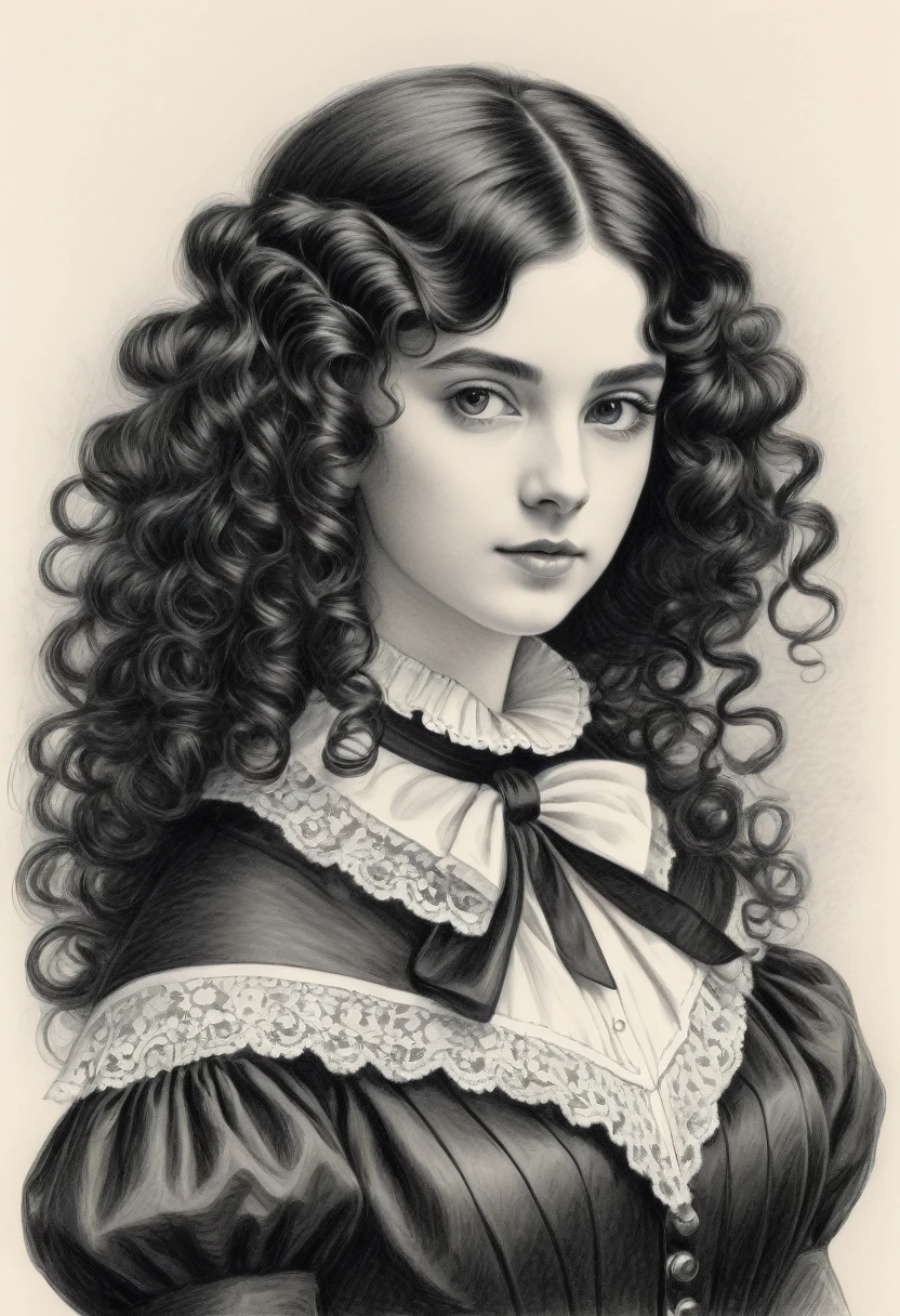 A pencil drawing of a young victorian governess, curly black hair. Kind and inteligent energy.
