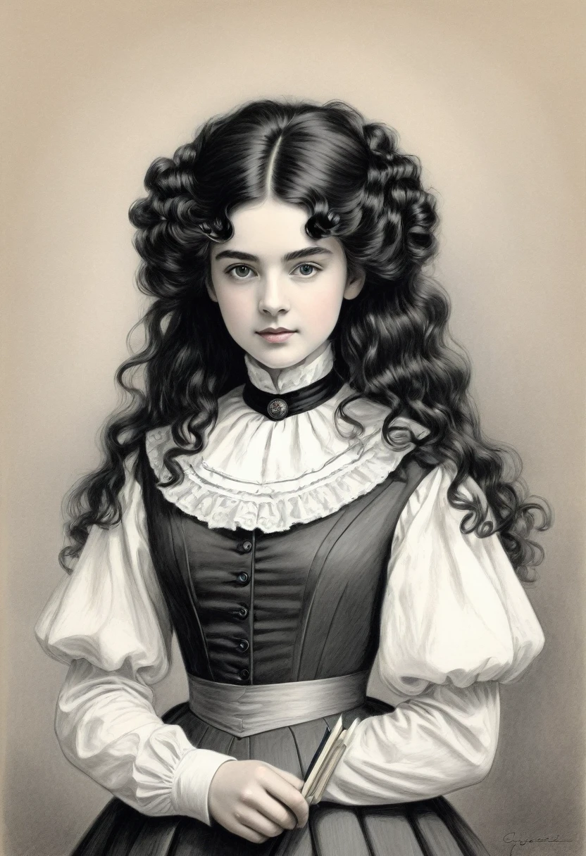 A pencil drawing of a young victorian governess, curly black hair. Kind and inteligent energy.
