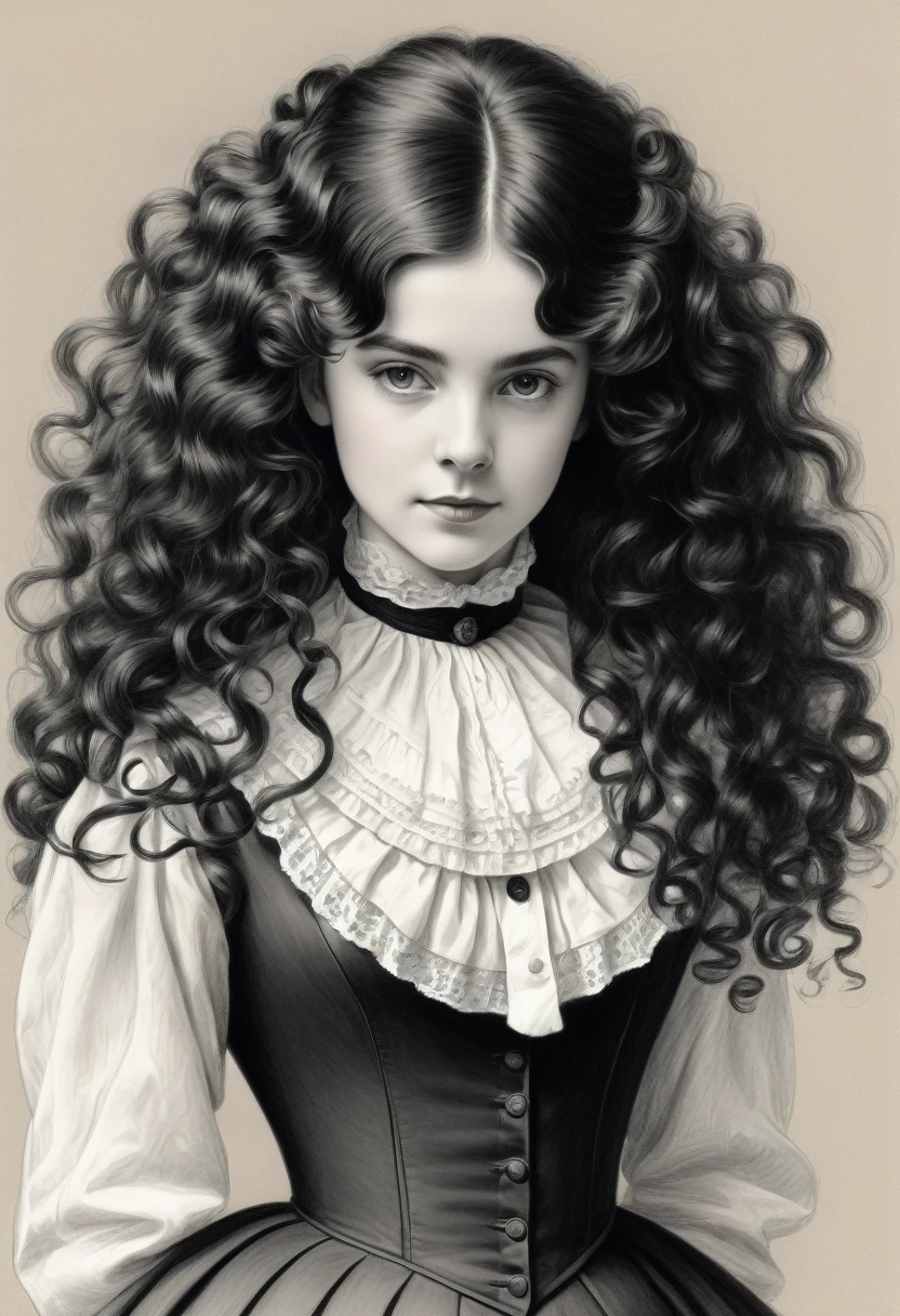 A pencil drawing of a young victorian governess, curly black hair. Kind and inteligent energy.
