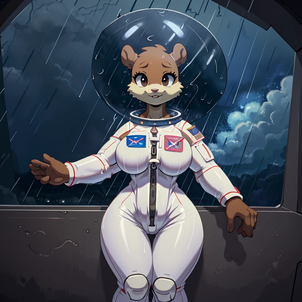 (masterpiece), ((perfect anatomy)), (high Res), (4k), squirrel, huge breast, wide hips, (((astronaut suit))), underwater, happy, ((((anime artstyle)))), (((solo))), narrow waist, black eyes, (((raining))), (((storm))), (((at night))), (((wet))), in the dark