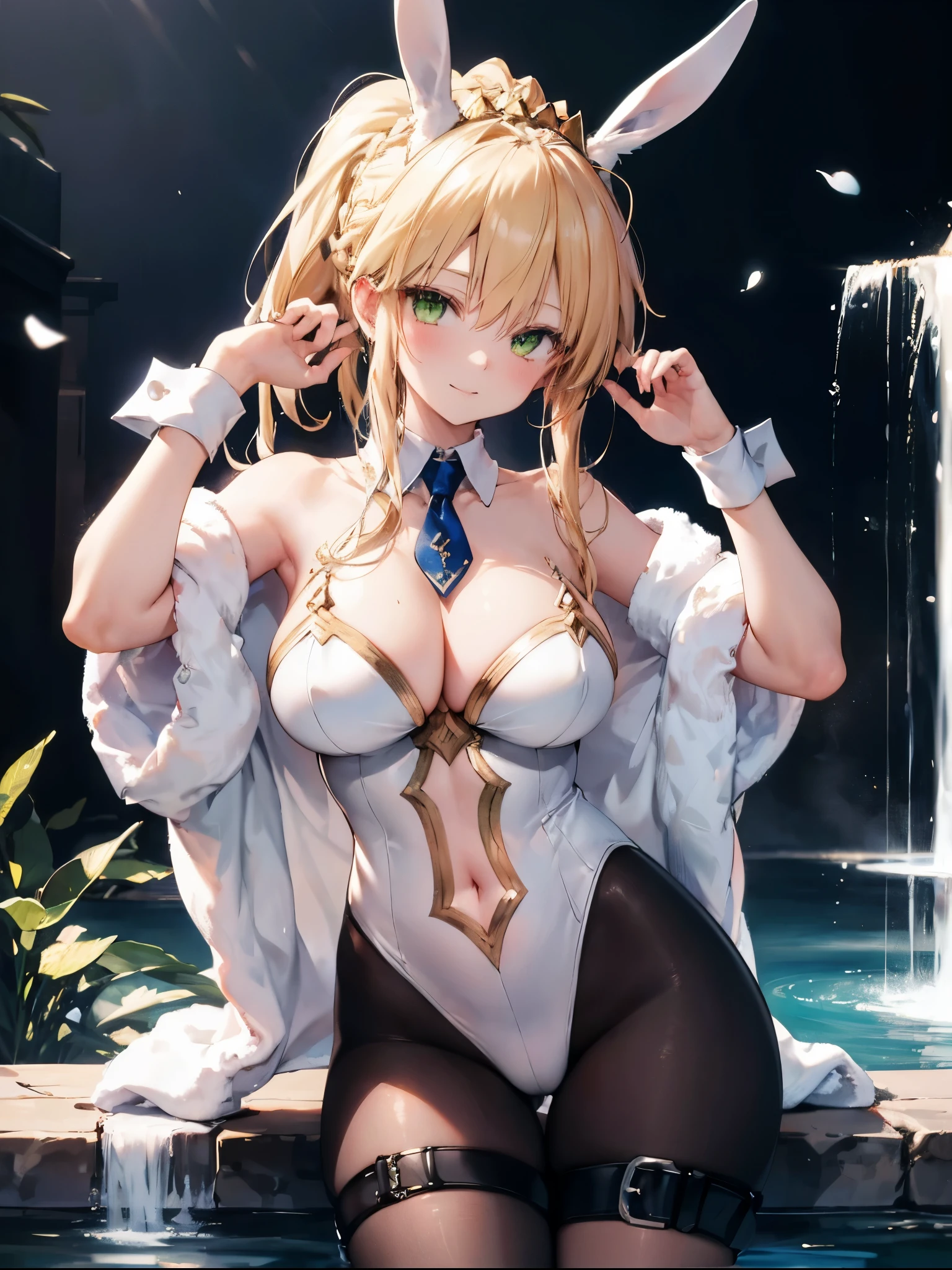 masterpiece, best quality, absurdres, soft lighting, looking at viewer, solo, light_smile, shy,
1girl, ahoge, rabbit ears, playboy bunny, artoria pendragon \(swimsuit ruler\) \(fate\), large breasts , blonde hair, green eyes, french braid,  pony tail
bare shoulders, large breasts , cleavage,
clothing cut out, wrist cuffs, detached collar, navel cutout, feather boa,
white leotard, blue necktie, blue pantyhose, single thigh strap, hands_on_head,put_hands_up,
squat,gorgeous_fountain_landscape_background,solo,rabbit_posing,large_thighs,Extend_fingers,palm,open_legs,.solo