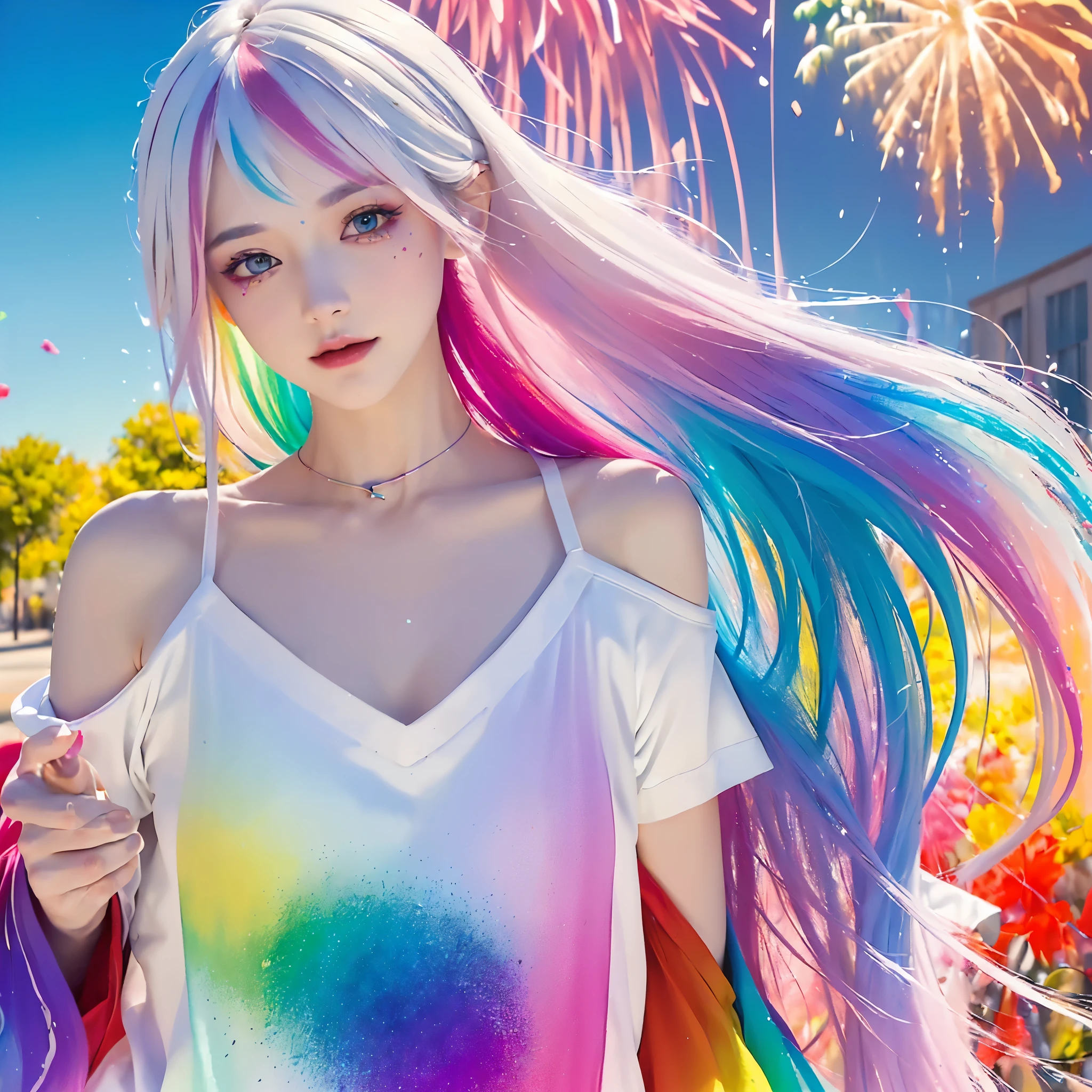 (Pink Fashion T-shirt:1.9),(Colorful hair: 1.8), (all the colours of the rainbow: 1.8),(((((vertical painting:1.6))), (painting:1.6),front, comics, illustrations, paintings, large eyes, crystal clear eyes,( rainbow color gradient high ponytail:1.7), exquisite makeup, open mouth,(Small Fresh: 1.5),(Wipe Chest: 1.6) ,long eyelashes, white off shoulder T-shirt, White Shoulder Shirt,looking at the audience, large watery eyes, (rainbow colored hair:1.6), color splash, (solo:1.8), color splash, color explosion, thick paint style, messy lines, ((shining)),(colorful), (colorful), (colorful), colorful, Thick Paint Style, (Splash) (Color Splash), Vertical Painting, Upper Body, Paint Splash, Acrylic Pigment, Gradient, Paint, Highest Image Quality, Highest Quality, Masterpiece, solo, Depth of Field, Face Paint, colorful clothes, (elegant: 1.2), gorgeous,long hair, wind, (elegant: 1.3), (fire work: 1.4),(((masterpiece))),(((best quality))),((ultra-detailed)),(illustration),(dynamic angle),((floating)),(paint),((disheveled hair)),(solo),(1girl) , (((detailed anima face))),((beautiful detailed face)),collar,bare shoulders,white hair, ((colorful hair)),((streaked hair)),beautiful detailed eyes,(Gradient color eyes),(((colorful eyes))),(((colorful background))),(((high saturation))),(((surrounded by colorful splashes))),street snap、Overlooking,