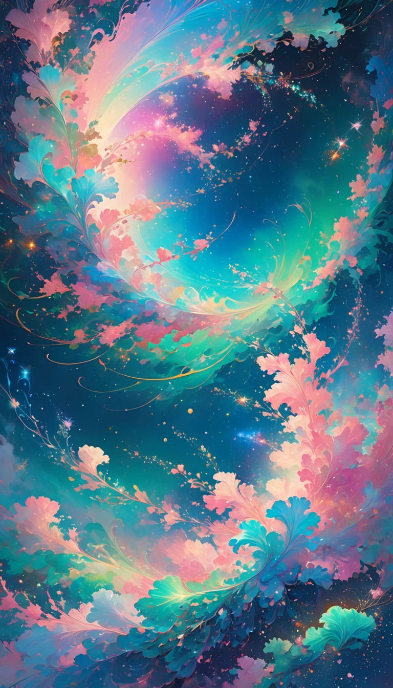 Generate an otherworldly cosmic gradient with swirling hues of cosmic dust and celestial blues, depicted in a mesmerizing digital art piece, where tendrils of iridescent gas and stardust dance across the frame, evoking a sense of ethereal wonder, with an aesthetic reminiscent of sci-fi concept art, featuring pastel pinks, emerald greens, and sapphire blues, blurring into a kaleidoscope of colors, with delicate, wispy textures and subtle, shimmering highlights that evoke the mysteries of the galaxy, set against a dark, gradient-blue background, with subtle, cosmic disturbances rippling through the atmosphere.