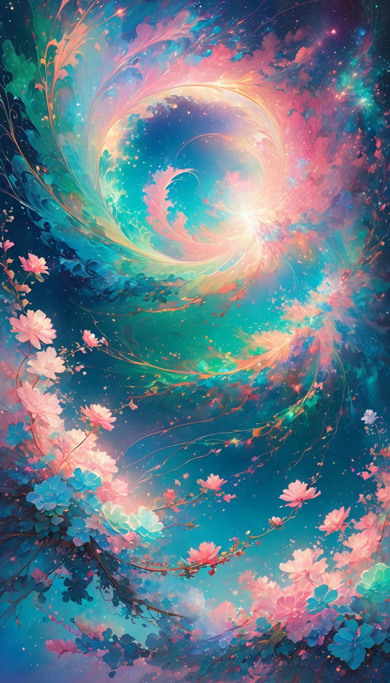 Generate an otherworldly cosmic gradient with swirling hues of cosmic dust and celestial blues, depicted in a mesmerizing digital art piece, where tendrils of iridescent gas and stardust dance across the frame, evoking a sense of ethereal wonder, with an aesthetic reminiscent of sci-fi concept art, featuring pastel pinks, emerald greens, and sapphire blues, blurring into a kaleidoscope of colors, with delicate, wispy textures and subtle, shimmering highlights that evoke the mysteries of the galaxy, set against a dark, gradient-blue background, with subtle, cosmic disturbances rippling through the atmosphere.