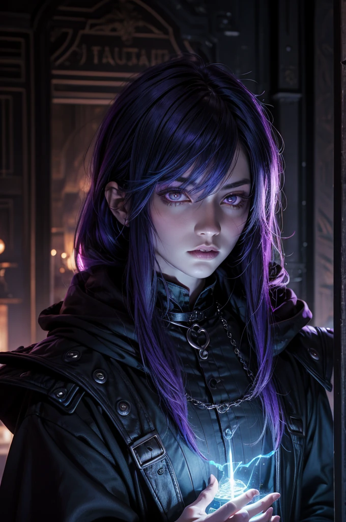 Cute boy, 23 years old,male, blue skin, black With purple highlights hair, red eyes,Perfect face, androgynous,With feminine features, and delicate body, fantasy Witch Boy Salem, Modern witch aufit,Silent Hill, Wearing clothes from 1693. The robe is two-piece,FemBoy, Gothic style Gothic style, Arriving in New York from a portal.