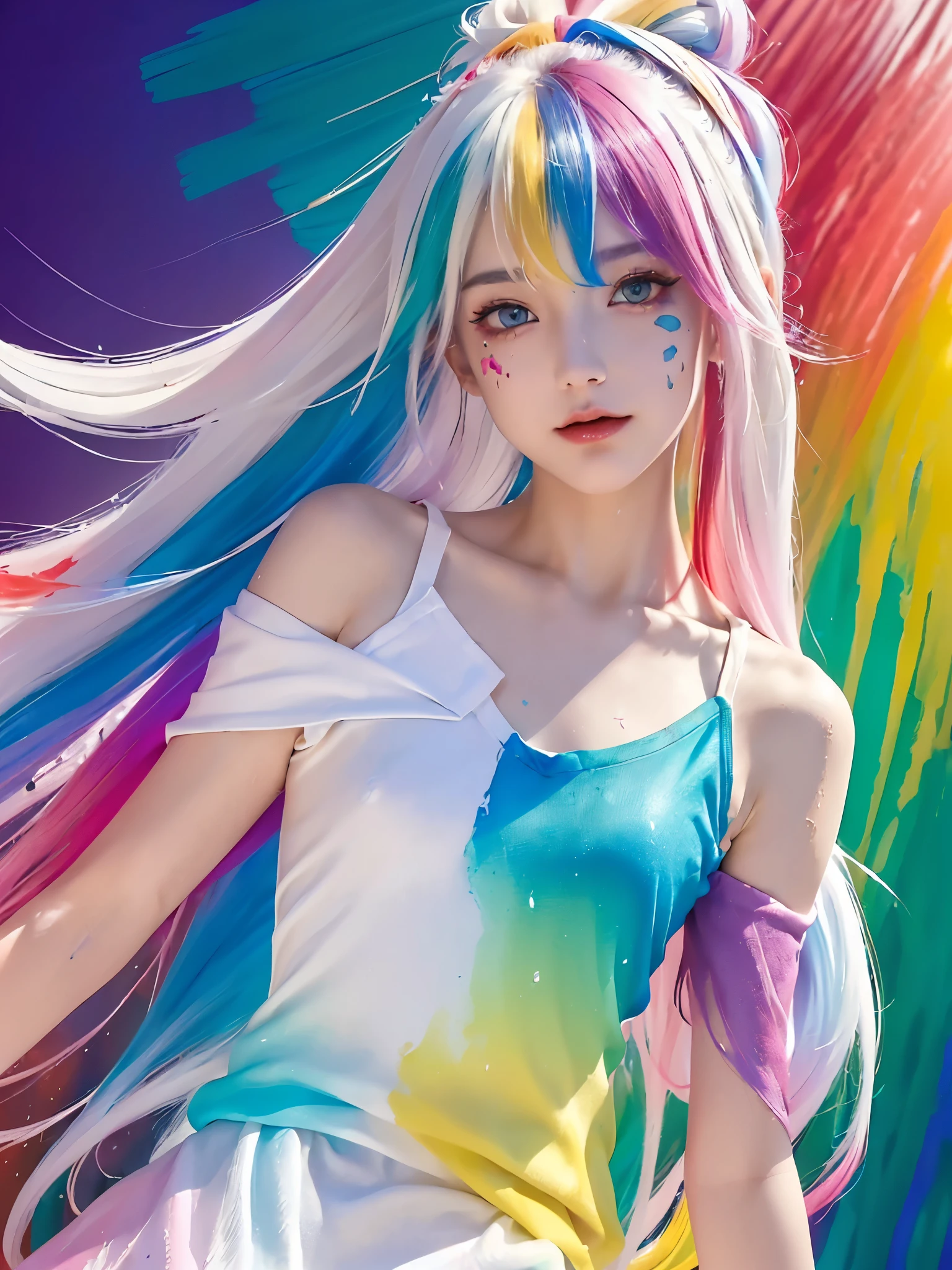 （Pink Fashion T-shirt：1.9），(Colorful hair: 1.8), (all the colours of the rainbow: 1.8),(((((vertical painting：1.6))), （painting：1.6），front, comics, illustrations, paintings, large eyes, crystal clear eyes,（ rainbow color gradient high ponytail：1.7）, exquisite makeup, open mouth,(Small Fresh: 1.5),(Wipe Chest: 1.6) ，long eyelashes, white off shoulder T-shirt,  White Shoulder Shirt，looking at the audience, large watery eyes, (rainbow colored hair：1.6), color splash, （solo：1.8）, color splash, color explosion, thick paint style, messy lines, ((shining))，(colorful), (colorful), (colorful), colorful, Thick Paint Style, (Splash) (Color Splash), Vertical Painting, Upper Body, Paint Splash, Acrylic Pigment, Gradient, Paint, Highest Image Quality, Highest Quality, Masterpiece, solo, Depth of Field, Face Paint,  colorful clothes, (elegant: 1.2), gorgeous,long hair, wind, (elegant: 1.3), (fire work: 1.4)，(((masterpiece))),(((best quality))),((ultra-detailed)),(illustration),(dynamic angle),((floating)),(paint),((disheveled hair)),(solo),(1girl) , (((detailed anima face))),((beautiful detailed face)),collar,bare shoulders,white hair, ((colorful hair)),((streaked hair)),beautiful detailed eyes,(Gradient color eyes),(((colorful eyes))),(((colorful background))),(((high saturation))),(((surrounded by colorful splashes))),street snap、Overlooking, 