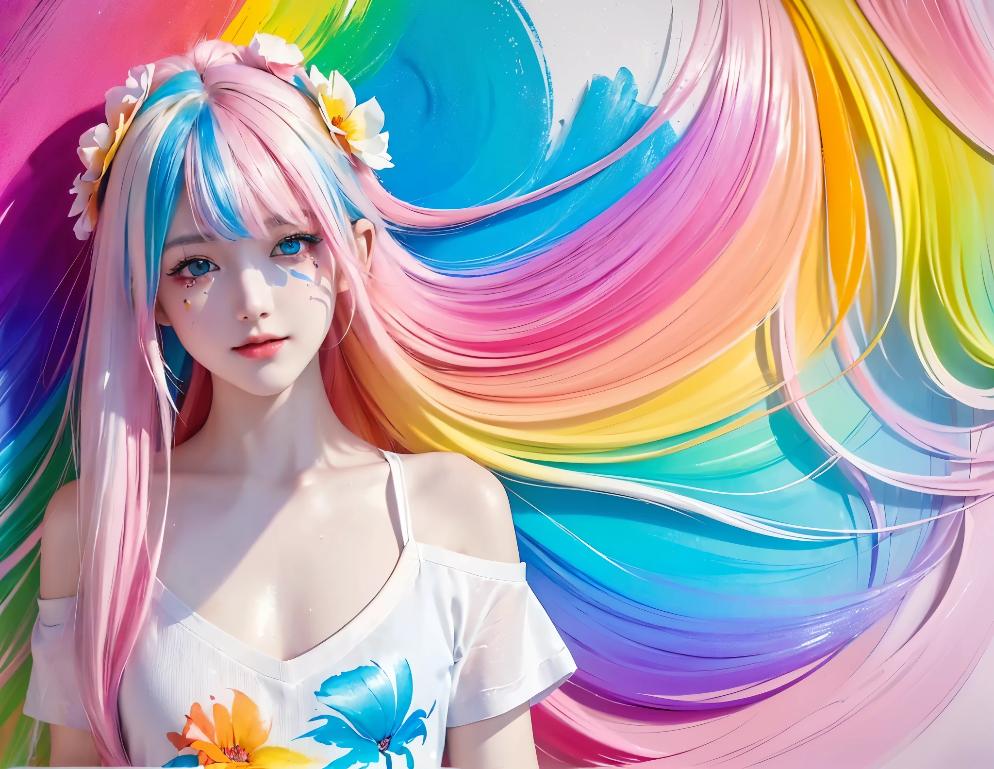 （Pink Fashion T-shirt：1.9），(Colorful hair: 1.8), (all the colours of the rainbow: 1.8),(((((vertical painting：1.6))), （painting：1.6），front, comics, illustrations, paintings, large eyes, crystal clear eyes,（ rainbow color gradient high ponytail：1.7）, exquisite makeup, open mouth,(Small Fresh: 1.5),(Wipe Chest: 1.6) ，long eyelashes, white off shoulder T-shirt,  White Shoulder Shirt，looking at the audience, large watery eyes, (rainbow colored hair：1.6), color splash, （solo：1.8）, color splash, color explosion, thick paint style, messy lines, ((shining))，(colorful), (colorful), (colorful), colorful, Thick Paint Style, (Splash) (Color Splash), Vertical Painting, Upper Body, Paint Splash, Acrylic Pigment, Gradient, Paint, Highest Image Quality, Highest Quality, Masterpiece, solo, Depth of Field, Face Paint,  colorful clothes, (elegant: 1.2), gorgeous,long hair, wind, (elegant: 1.3), (Petals: 1.4)，(((masterpiece))),(((best quality))),((ultra-detailed)),(illustration),(dynamic angle),((floating)),(paint),((disheveled hair)),(solo),(1girl) , (((detailed anima face))),((beautiful detailed face)),collar,bare shoulders,white hair, ((colorful hair)),((streaked hair)),beautiful detailed eyes,(Gradient color eyes),(((colorful eyes))),(((colorful background))),(((high saturation))),(((surrounded by colorful splashes))),street snap、Overlooking, 