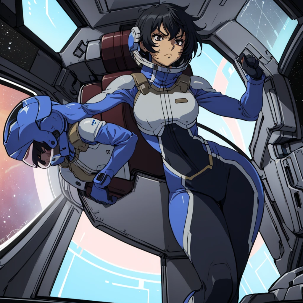 closed mouth, (), ((1girl)), ((((solo))), (((alone))), (((genderbend))), (((female))), wide hips, narrow waist, (space helmet:1.1), 1st pilotsui 1st bodysuit, ckpit, monitoranime artstyle)), long eyelashes, black hair