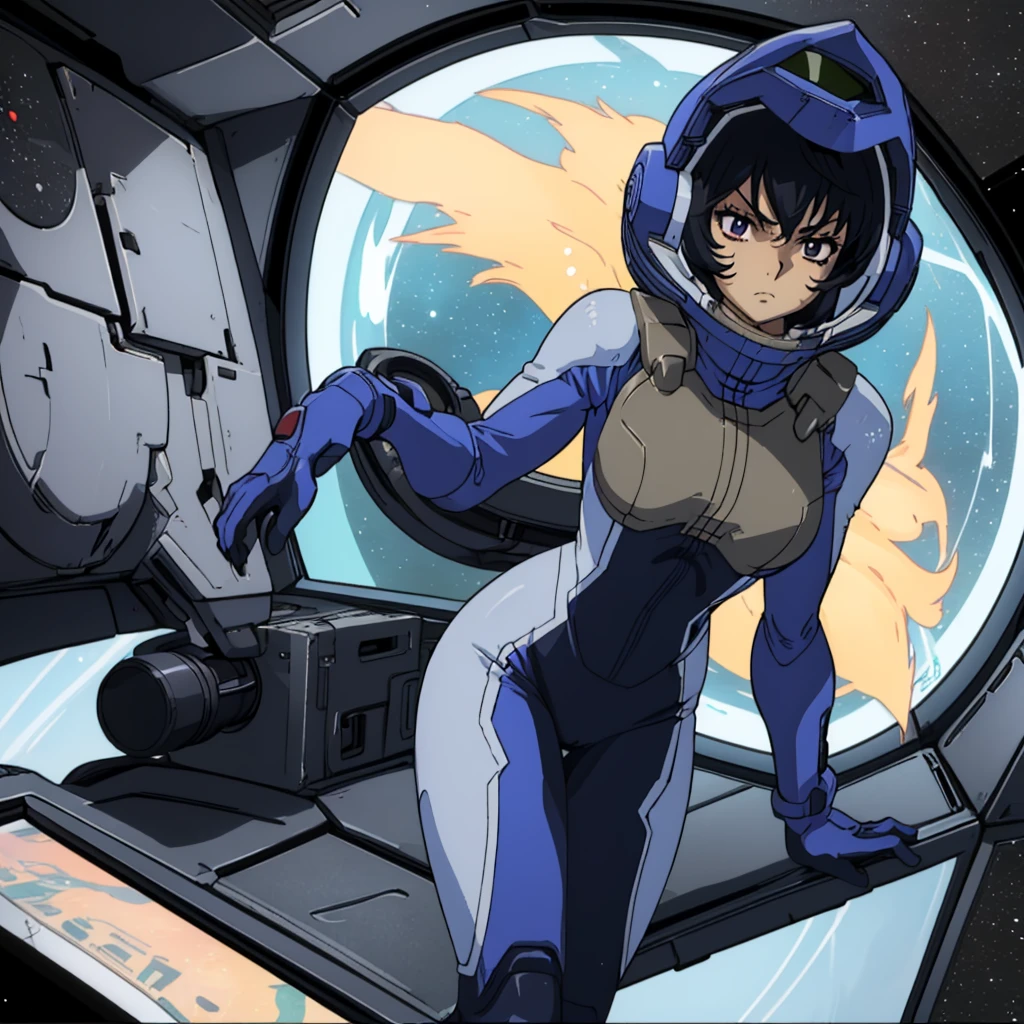 closed mouth, (), ((1girl)), ((((solo))), (((alone))), (((genderbend))), (((female))), wide hips, narrow waist, (space helmet:1.1), 1st pilotsuit, 1st bodysuit, cockpit, monitor, ((anime artstyle)), long eyelashes, black hair
