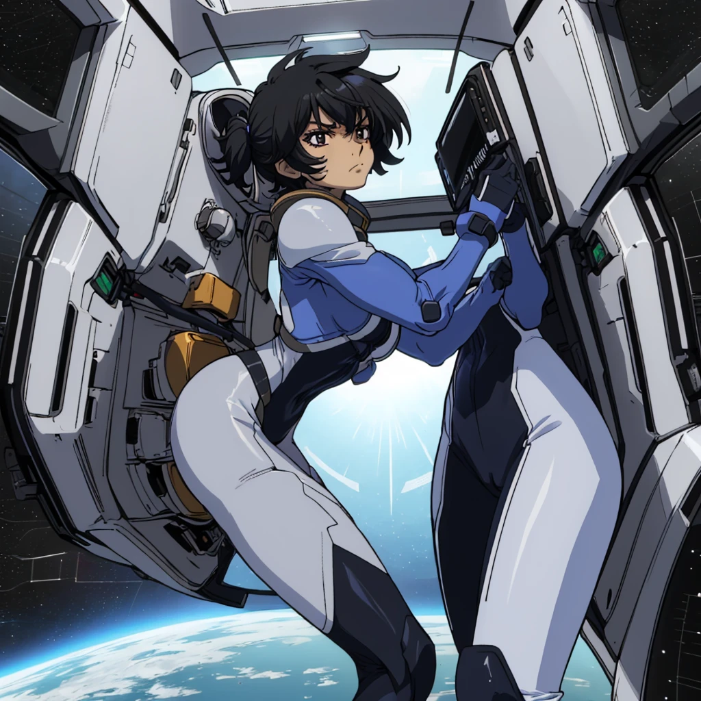 closed mouth, (), ((1girl)), ((((solo))), (((alone))), (((genderbend))), (((female))), wide hips, narrow waist, (space helmet:1.1), 1st pilotsuit, 1st bodysuit, cockpit, monitor, ((anime artstyle)), long eyelashes, black hair