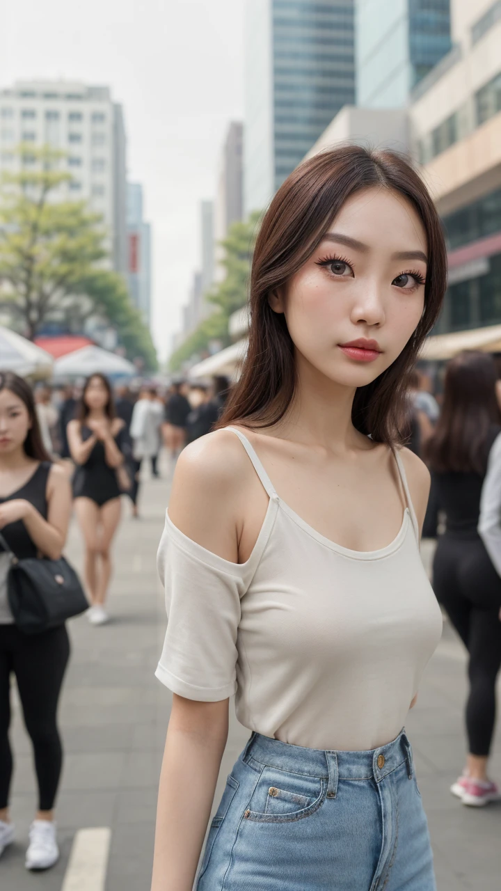 a woman, (actual), (Surreal), (photoactual), depth of field, eye makeup:0.5, (upper body:1.2), (Willow Yao:0.7), looking at the audience, casual wear, On the streets of the city,