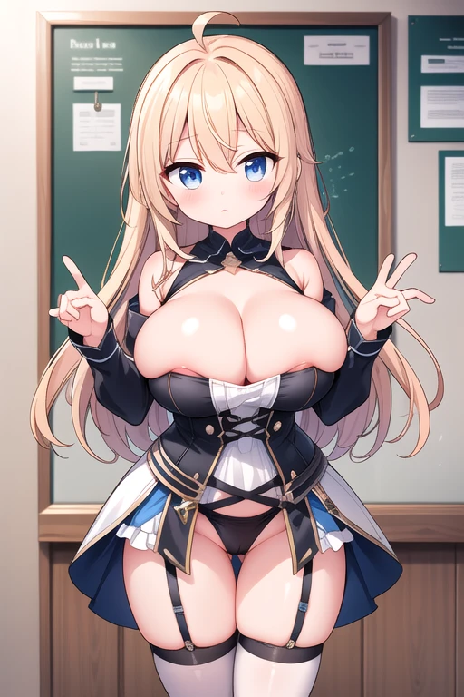 Cute naughty knight armor girl, Pastel colors hair, (large breasts:1.2, bursting breasts, Thighs:1.2, thick legs:1.2, curvy:1.2), blonde hair, hair down, bangs between eyes, long hair, blue eyes,(naked:1.3), standard height, (blush:1.2, expressionless), garter ring, at the adventurer's guild, A bulletin board with posted paper, holding sword