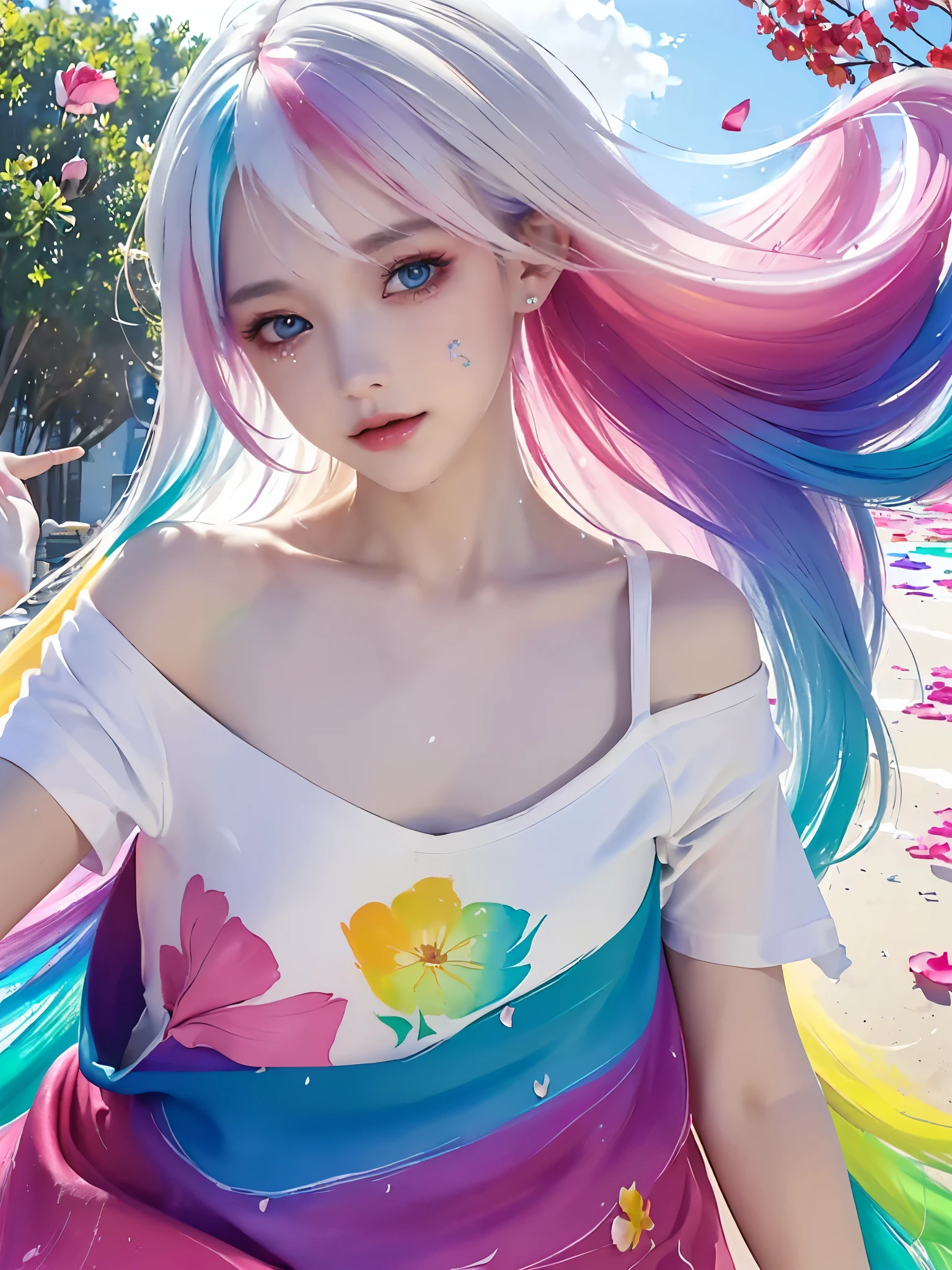 （Pink Fashion T-shirt：1.9），(Colorful hair: 1.8), (all the colours of the rainbow: 1.8),(((((vertical painting：1.6))), （painting：1.6），front, comics, illustrations, paintings, large eyes, crystal clear eyes,（ rainbow color gradient high ponytail：1.7）, exquisite makeup, open mouth,(Small Fresh: 1.5),(Wipe Chest: 1.6) ，long eyelashes, white off shoulder T-shirt,  White Shoulder Shirt，looking at the audience, large watery eyes, (rainbow colored hair：1.6), color splash, （solo：1.8）, color splash, color explosion, thick paint style, messy lines, ((shining))，(colorful), (colorful), (colorful), colorful, Thick Paint Style, (Splash) (Color Splash), Vertical Painting, Upper Body, Paint Splash, Acrylic Pigment, Gradient, Paint, Highest Image Quality, Highest Quality, Masterpiece, solo, Depth of Field, Face Paint,  colorful clothes, (elegant: 1.2), gorgeous,long hair, wind, (elegant: 1.3), (Petals: 1.4)，(((masterpiece))),(((best quality))),((ultra-detailed)),(illustration),(dynamic angle),((floating)),(paint),((disheveled hair)),(solo),(1girl) , (((detailed anima face))),((beautiful detailed face)),collar,bare shoulders,white hair, ((colorful hair)),((streaked hair)),beautiful detailed eyes,(Gradient color eyes),(((colorful eyes))),(((colorful background))),(((high saturation))),(((surrounded by colorful splashes))),street snap、Overlooking, 