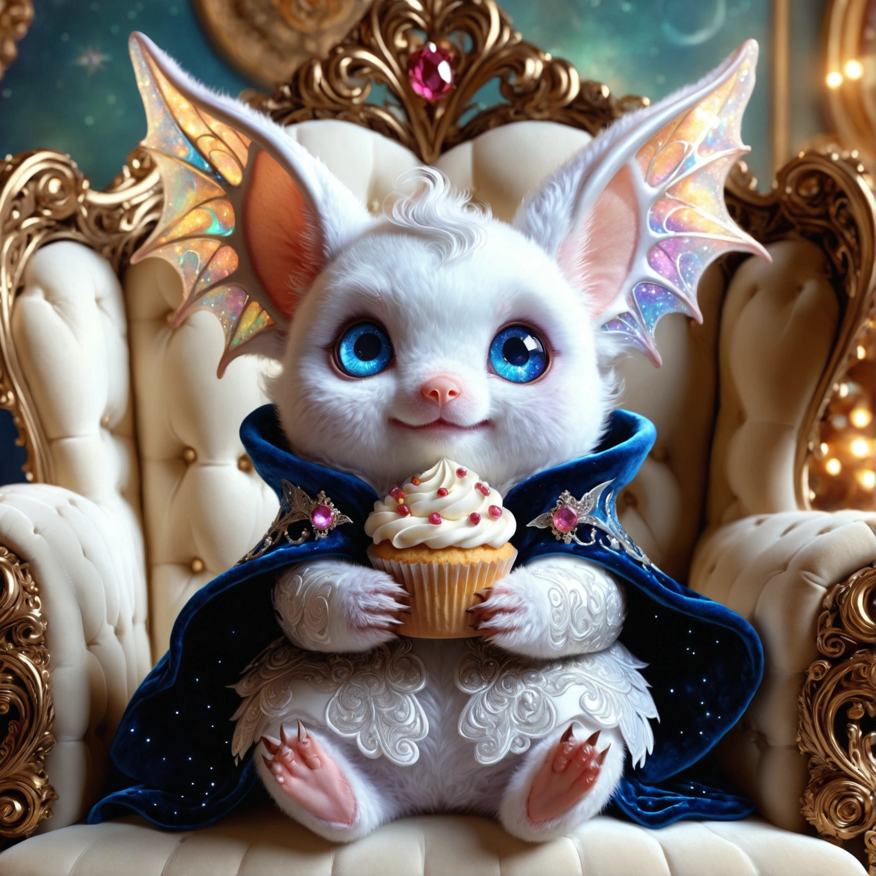 One cute white bat sitting in cozy sofa and holding big cupcake, (wide cosmic wings:1.2), (ornate velvet coat:1.3), (luxurious magic study), (diadem), sapphire eyes, bright colors, masterpiece in maximum 16K resolution, best quality, ultra detailed, aesthetics, absurdes.
