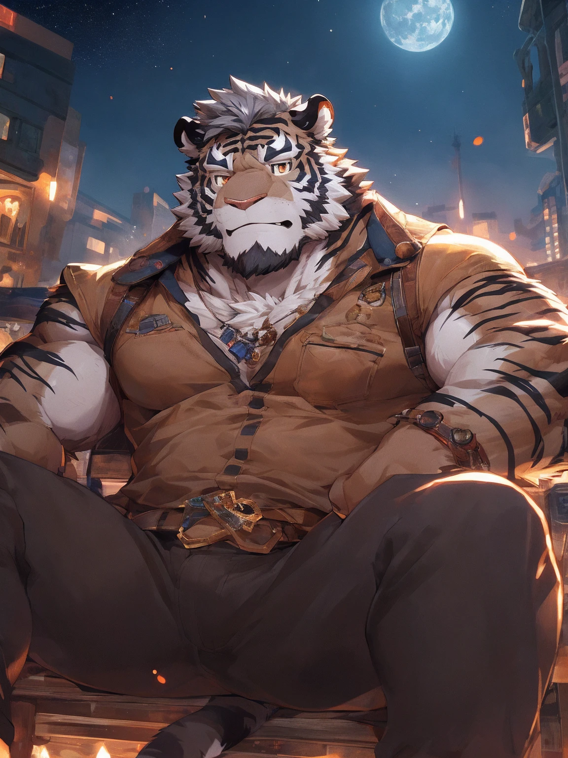 human nature, Wildlife, male,36 years old，Uncle， solitary, ((Round Face, The face is plump,Orange eyes,Thick grey hair，Little furry ears，with decorations)), ((Endomorph, Handsome的，)), （construction worker，White architectural clothing，), ((domestic gray tiger, Tiger Orc，) Fluffy fur, Fluffy), Bokeh, (high quality, high resolution, masterpiece), (Dynamic Lighting, Vibrant colors，Natural fill light), (Revitalize，Handsome，tired), Full body picture (close up), cartoon, author：Takemoto Arashi, From zixiong, By Chunni, author：Empty Ghost，moonlight，Quiet rest in the dark night，符合中年Uncle的房间，Leaning back in a chair looking out the window，明亮的moonlight，A bustling city at night，Nostalgia for the past（background：Simple style makes people look comfortable bedroom）