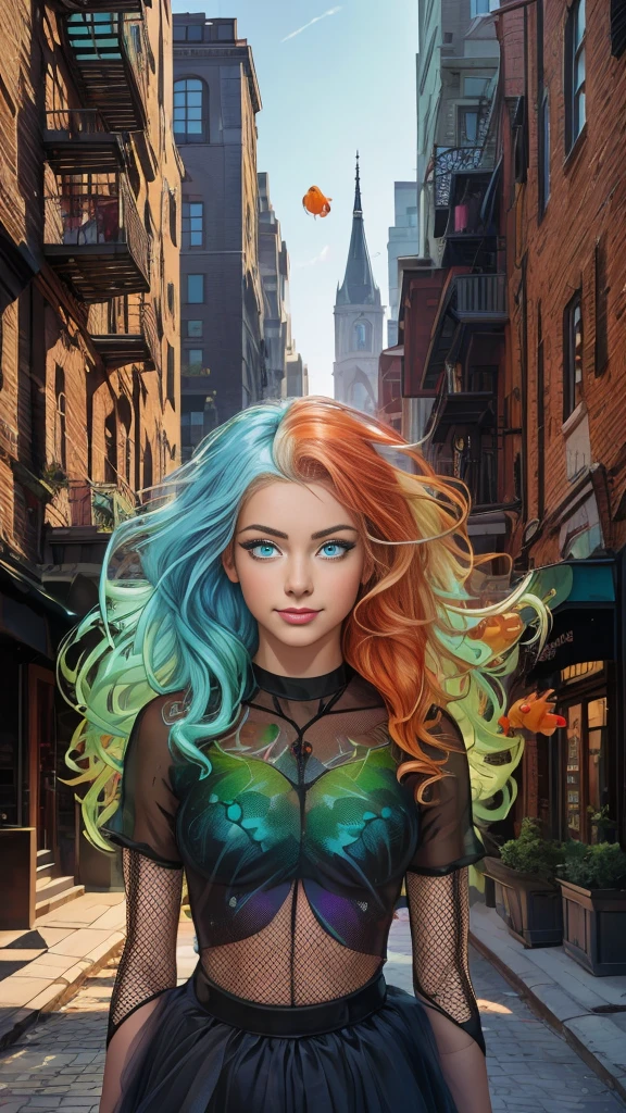 Mature teenage girl, curly blonde rainbow coloured hair, ((black mesh see through transparent top)), tutu skirt, fishnet stockings, ((naked)), small perfect breasts, ((1 large goldfish floating in the air)), Caucasian, ((one blue eye, one green eye)), smile