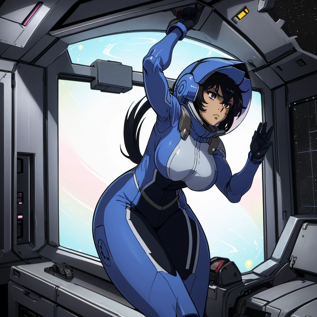 closed mouth, (16 years old), ((1girl)), ((((solo))), (((alone))), (((genderbend))), (((female))), wide hips, thick thighs, huge breast, narrow waist, (space helmet:1.1), 1st pilotsuit, 1st bodysuit, cockpit, monitor, ((anime artstyle)), long eyelashes, long black hair