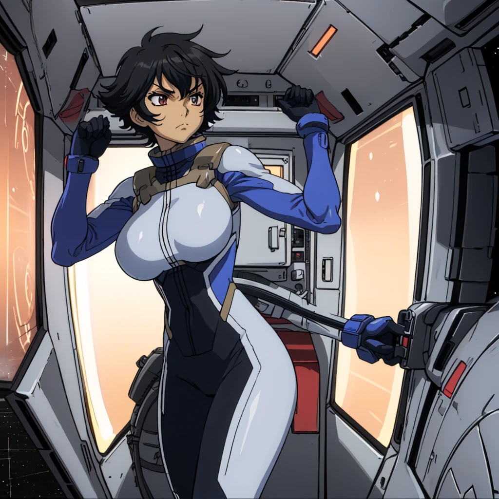 closed mouth, (), ((1girl)), ((((solo))), (((alone))), (((genderbend))), (((female))), wide hips, thick thighs, huge breast, narrow waist, (space helmet:1.1), 1st pilotsuit, 1st bodysuit, cockpit, monitor, ((anime artstyle)), long eyelashes, long black hair