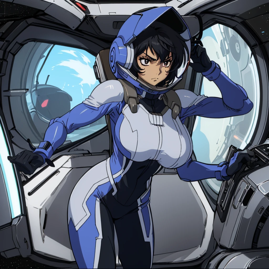 closed mouth, (16 years old), ((1girl)), ((((solo))), (((alone))), (((genderbend))), (((female))), wide hips, thick thighs, huge breast, narrow waist, (space helmet:1.1), 1st pilotsuit, 1st bodysuit, cockpit, monitor, ((anime artstyle)), long eyelashes, long black hair