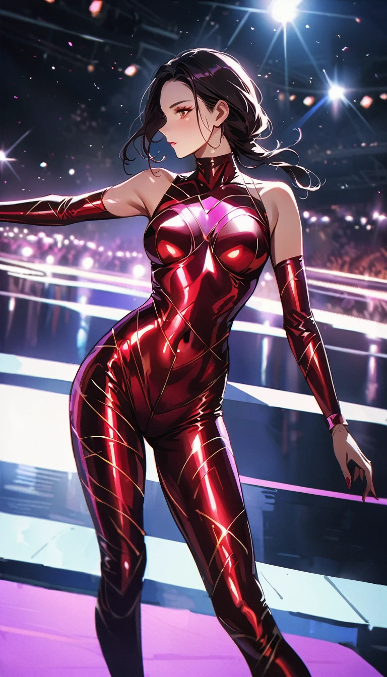 a woman in a body tape fashion show, intricate tape body suit, minimal clothing, dramatic pose, runway, stage lights, high fashion, elegant, glamorous, dramatic lighting, glossy skin, flawless makeup, cinematic, 8k, high resolution, photorealistic, masterpiece