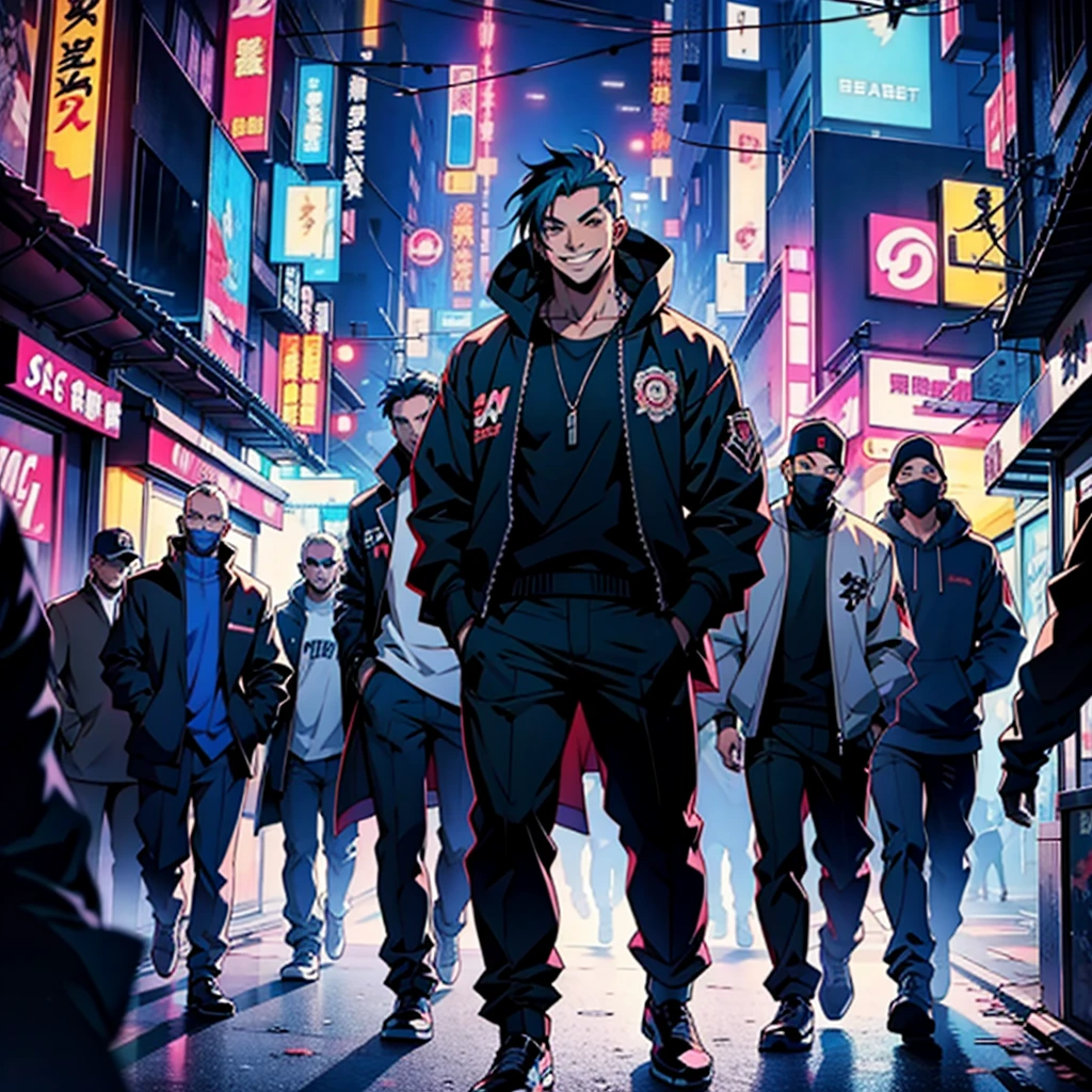 Group of anime gangsters into a club smiling, cyberpunk, anime man, criminals