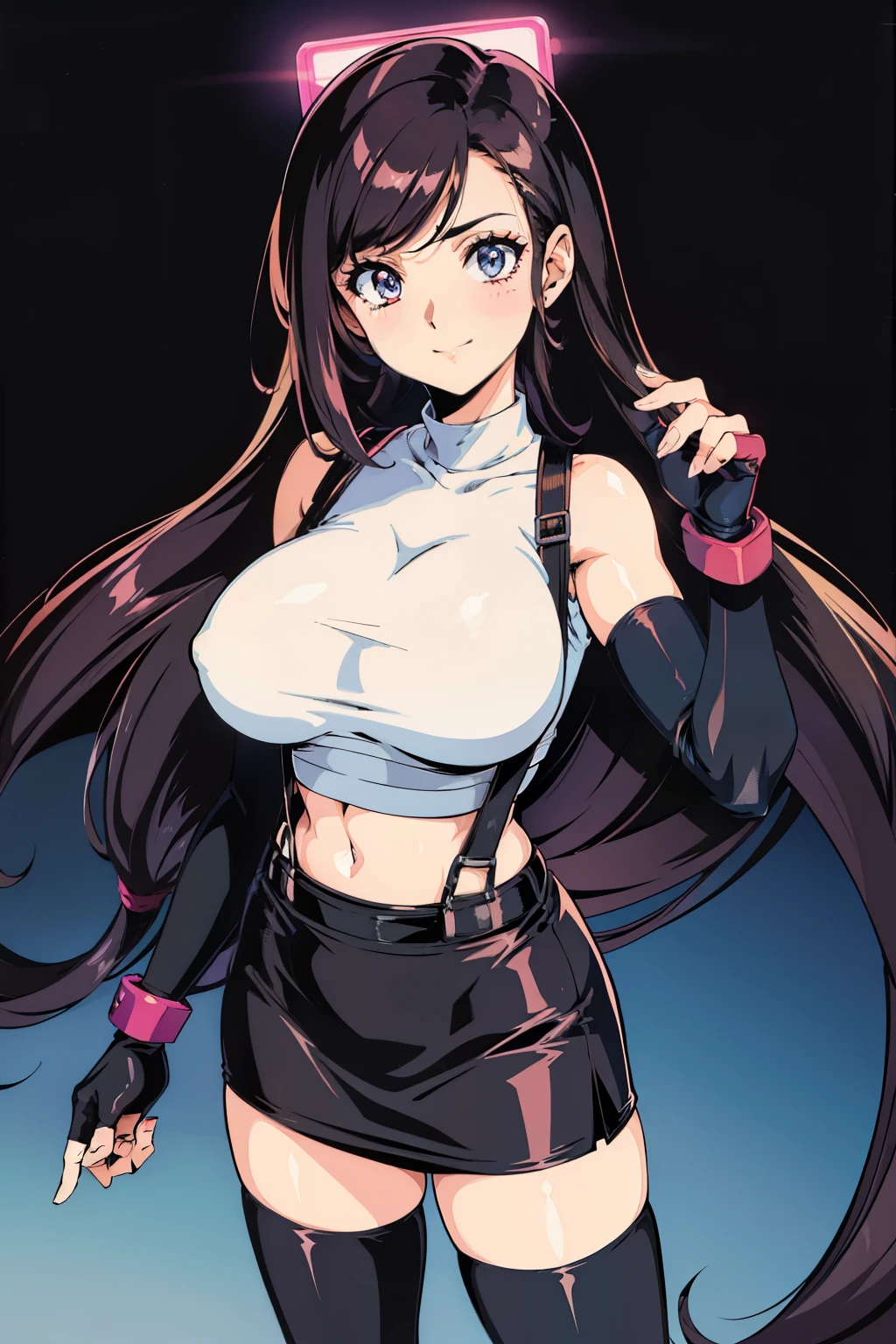 (flat color:1.2), vivid colors, best quality, high resolution, solo, city, (huge breasts:1.3), retro anime, sharp, Defined lines, Detailed, makeup, Beautiful face, gorgeous eyes, smile, defTifa, white crop top, elbow pad, fingerless gloves, suspenders, pencil skirt, black thigh highs, neontrim, neon lights