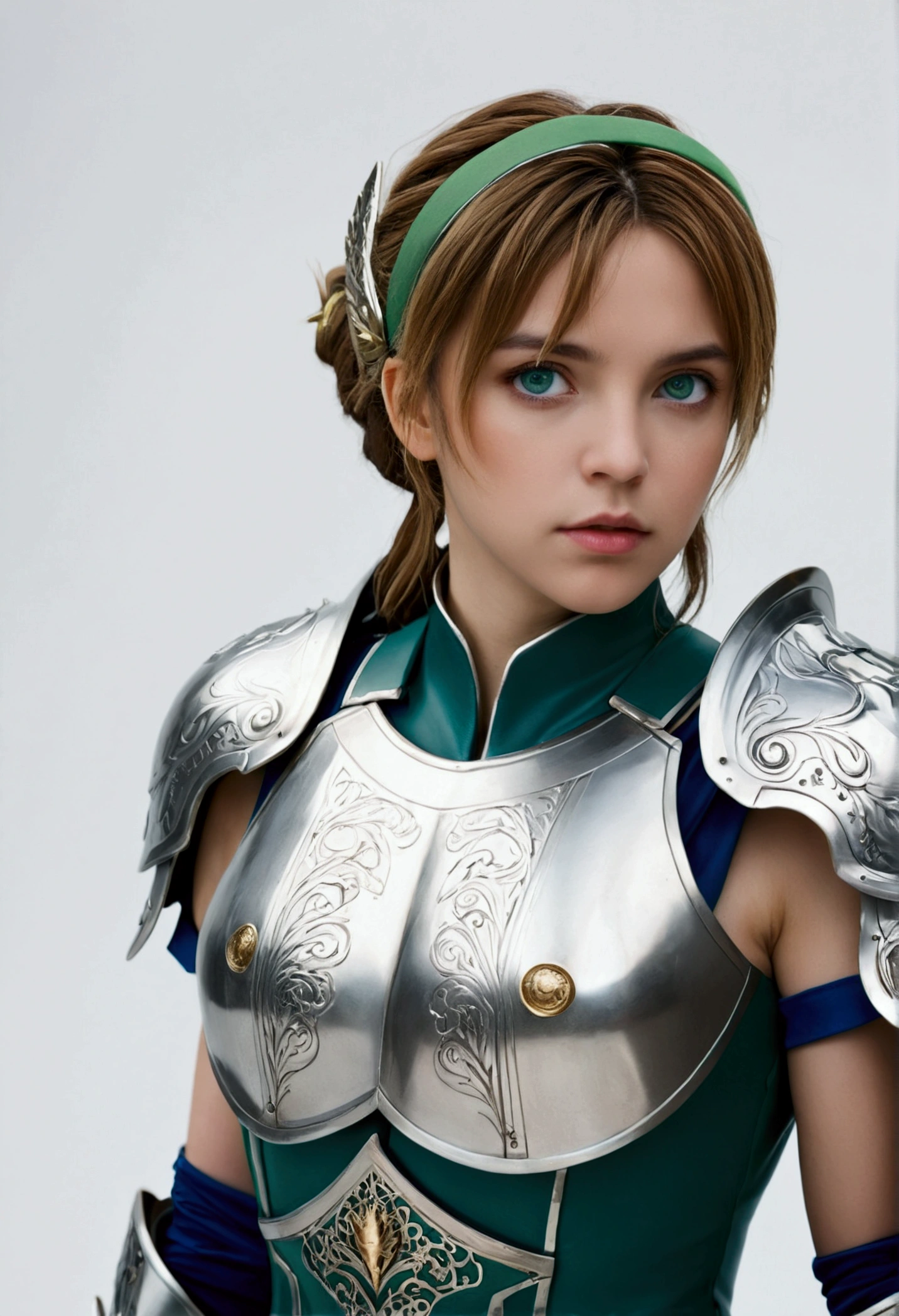 (masterpiece:1.2), (absurdities), (detailed face),(detailed eyes), (Best Quality) (traditional media:1.2) , (White background), upperbody, (expressionless), artoria_pendragon_(destiny), To know, armor, by rubio, gauntlets, green eyes, hair band, armored dress, He drowned, Blue dress,