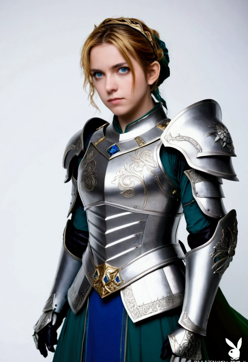 (masterpiece:1.2), (absurdities), (detailed face),(detailed eyes), (Best Quality) (traditional media:1.2) , (White background), upperbody, (expressionless), artoria_pendragon_(destiny), To know, armor, by rubio, gauntlets, green eyes, hair band, armored dress, He drowned, Blue dress,