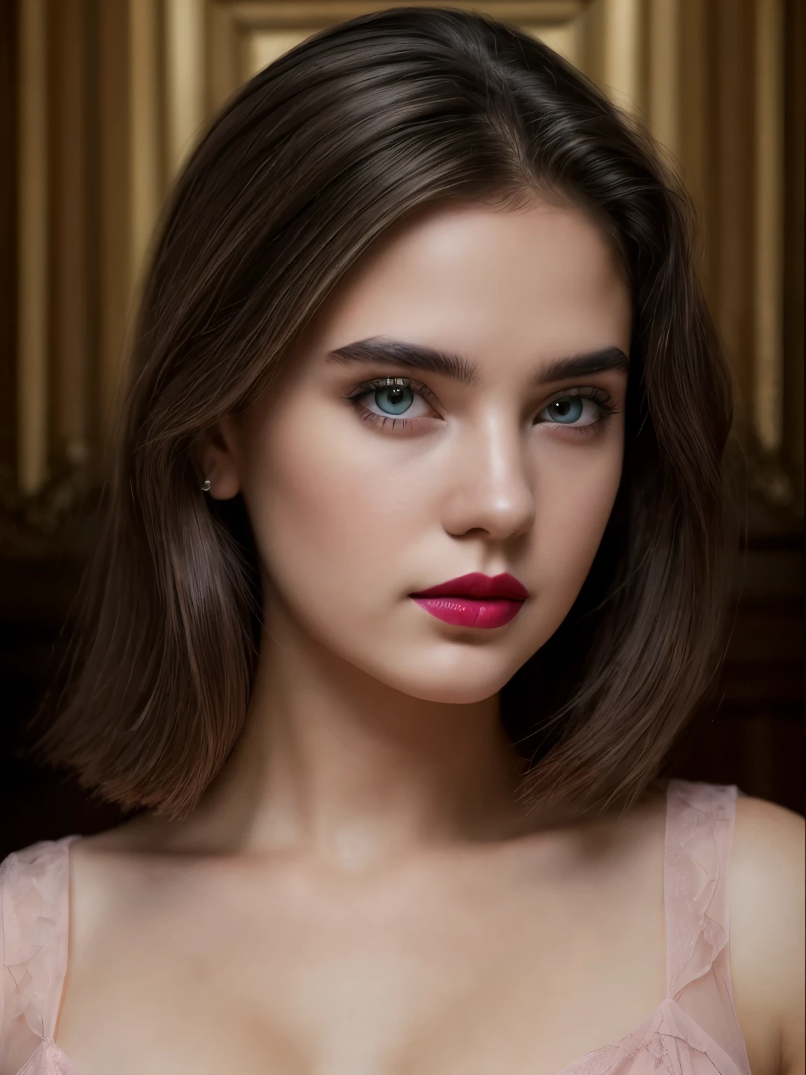(Best quality,8K,A high resolution,Masterpiece:1.2, DSLR, 16k ),Ultra-detailed,(Realistic,Photorealistic,photo-realistic:1.37),Portrait, Creative style artwork, Historical, classical, Sophisticated, plethora of colors ,Highly detailed, Soft lighting, luxurious environment , black dress, there is young woman , girl wearing a red classy royal dress, performing a music video, slim fit (oval perfect shape, asymmetrical face structure, perfect proportion, almond eye type, hazal eye color, detailed eyes, blue hair color, 32 inch breasts, hourglass figure, slim body, pale white skin tone ,sexy girl, 25 years old, soft wavy hair, looking away, attitude expression, professional makeup, pink lips)