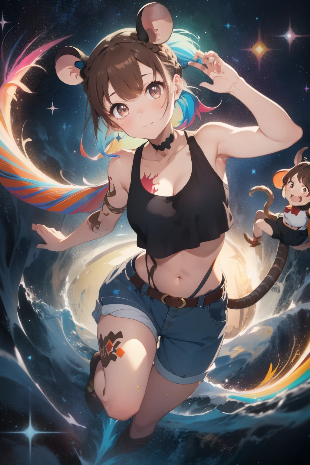 ((Brown hair)),((Braided shorthair)),((With black eyes)),Slight red tide,(With bangs),(colorful full body art:1.75),(Illustration of a rat:1.5),(Rat Cosplay),(Cute pose with both hands raised),(Navel Bow Style:1.25),(shortpants),(garterbelts),(Harness belt),(tank top or camisole:1.2),(Eye size:1.5),(your eyes are shining like stars:1.25),(close up of face:1.5),(Fairy tales and cute dream-like worldview),(Soft light),