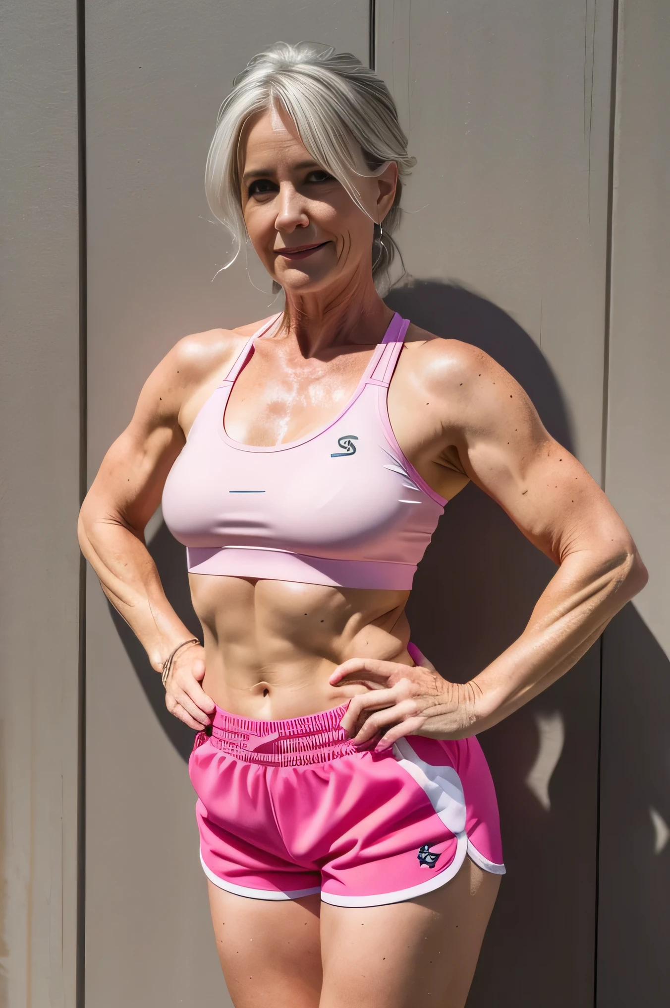 Masterpiece, 45 year old woman, bright pink sports bra, bright pink short shorts, booty shorts, wet skin, gray hair, freckles, facing the camera, standing, hands on hips