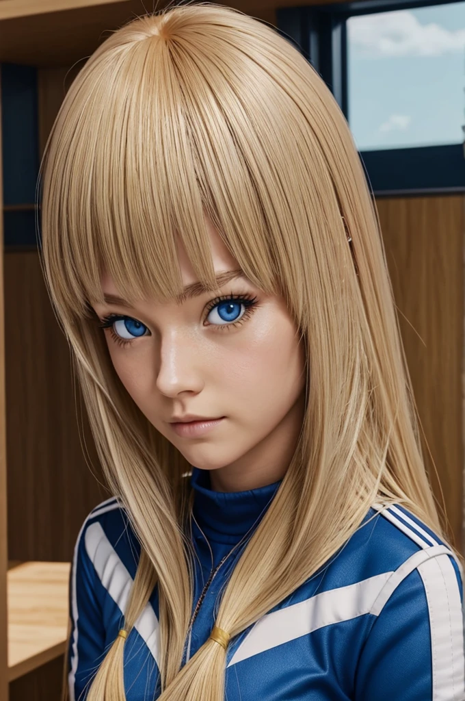 Screenshot of my hero academia Girl with long ash blonde hair, red tuft, with bangs honey colored eyes, Alcon's Red Wings, calm expression. She is wearing the UA uniform and in the background she is in a class and is sitting at a table